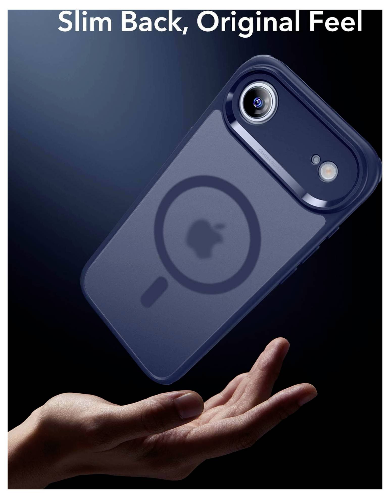 Dłoń chwyta smukłą, niebieską obudowę iPhone'a z logo Apple, pod tekstem 'Slim Back, Oryginalny Styl' na ciemnym tle.