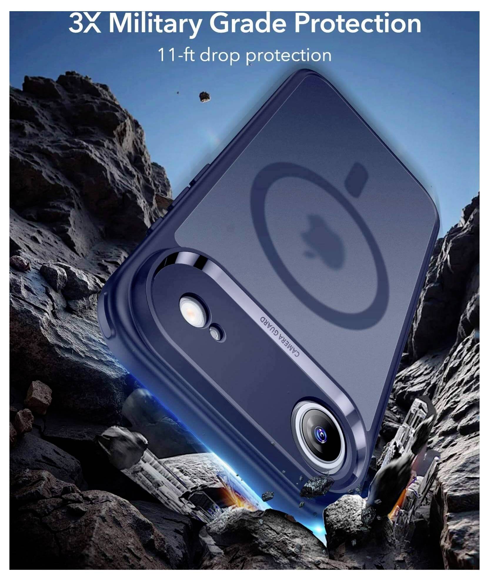 Etui na smartfona ilustrujące ochronę na poziomie wojskowym 3X z odpornością na upadki z wysokości 11 stóp, przedstawione na tle skalnej, surowej scenerii.