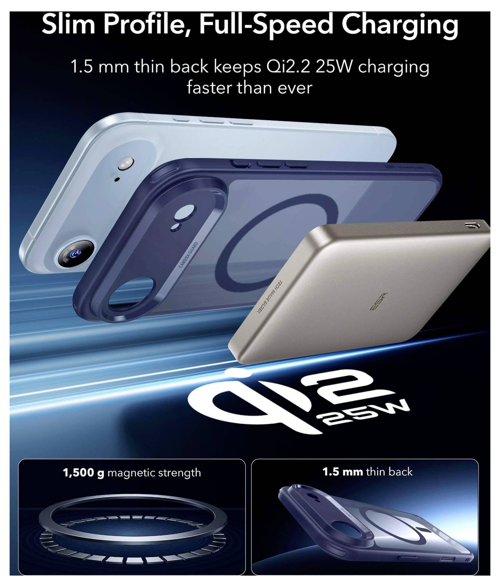 Smukły profil, Ładowanie pełną prędkością - Dwa smartfony i magnetyczny pierścień są przedstawione. Tekst podkreśla 'Qi 2.2, 25W', z funkcjami smukłego, magnetycznego ładowania.