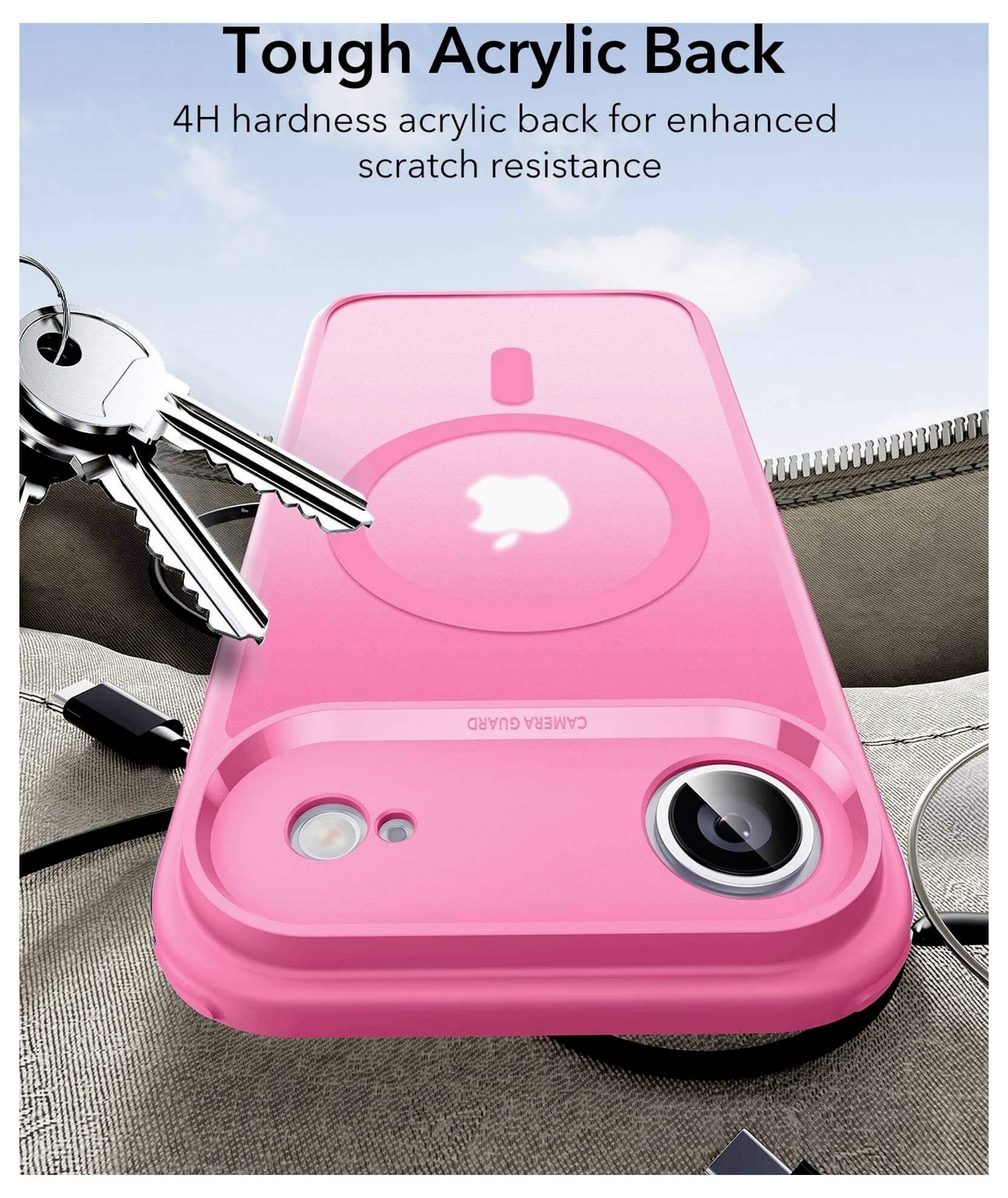 Różowy futerał na telefon z twardoplastykowym tylnym panelem, odporny na zarysowania, z wycięciem na aparat.