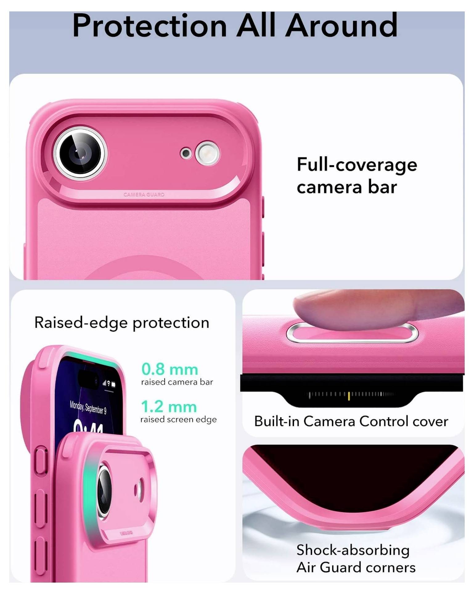 Etui na telefon z pełnowymiarowym pasem na aparat, wbudowaną osłoną sterowania kamerą, ochroną krawędzi (0,8 mm z przodu, 1,2 mm z tyłu) oraz amortyzującymi narożnikami Air Guard.