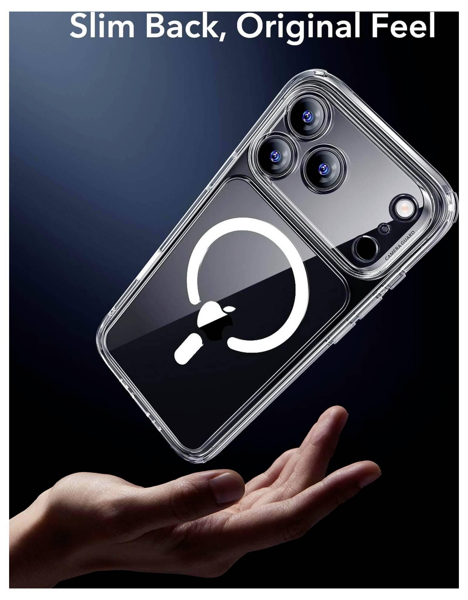 Eleganckie etui na telefon kompatybilne z MagSafe delikatnie unosi się nad otwartą dłonią, podkreślając swoją smukłą sylwetkę i oryginalny charakter.