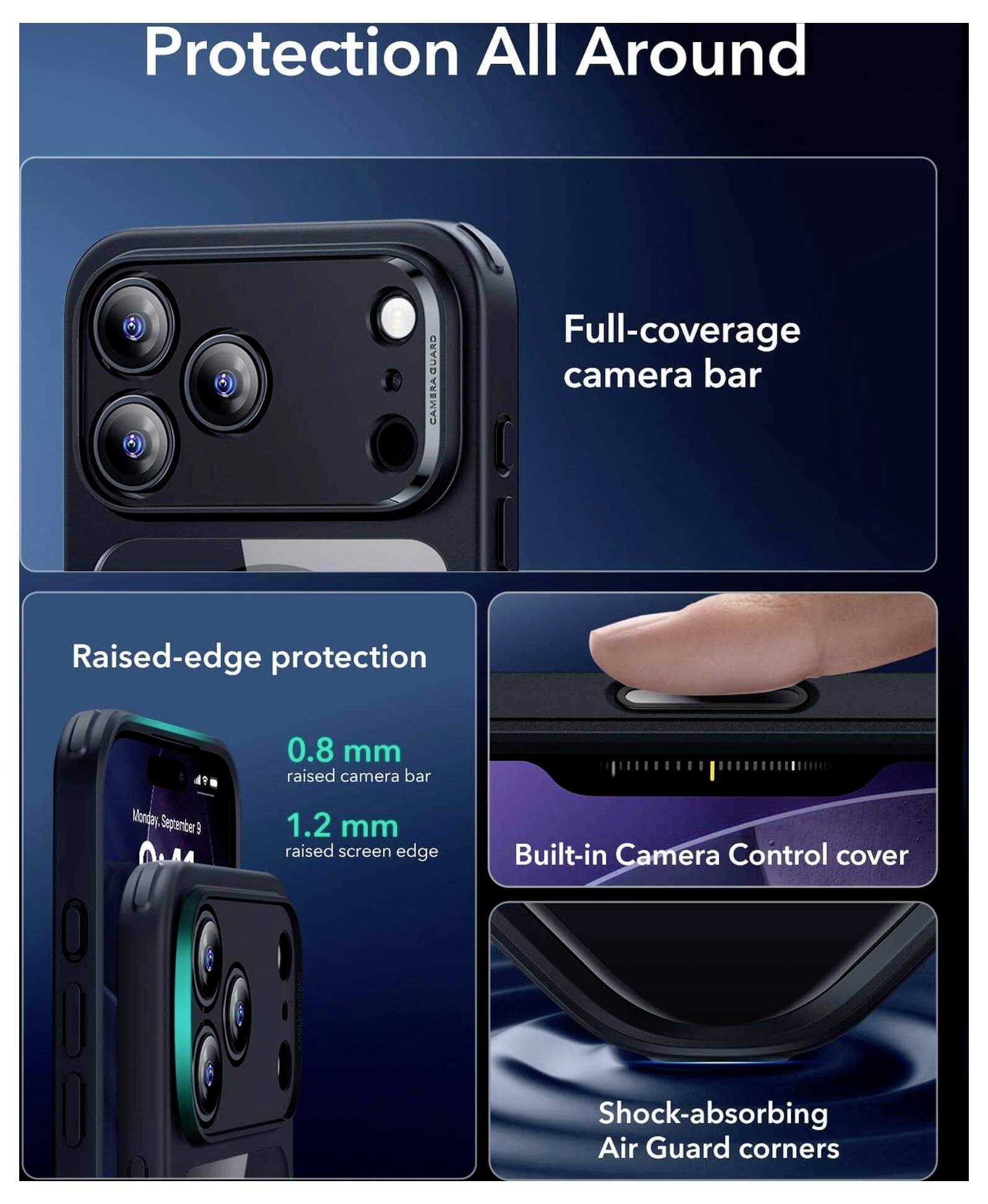 "Ochrona ze Wszystkich Stron" prezentuje w pełni zakrytą belkę kamery, ochronę z podwyższonymi krawędziami, zintegrowaną osłonę sterowania kamerą, narożniki amortyzujące wstrząsy Air Guard.