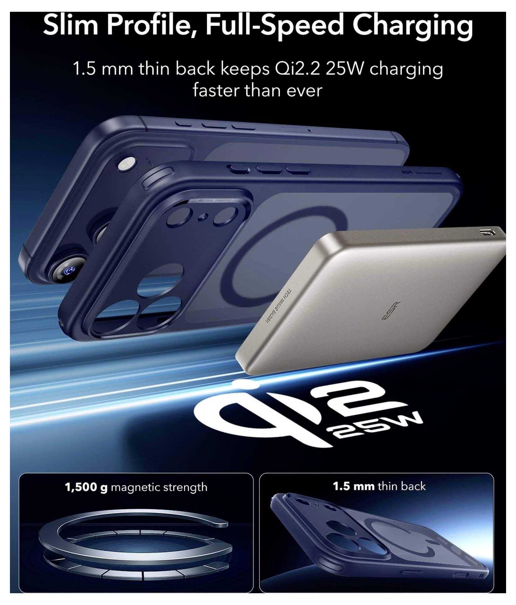 Ładowarka Qi2 25W: obraz przedstawia smukłą obudowę telefonu z tylną częścią o grubości 1,5 mm dla szybszego ładowania. Posiada siłę magnetyczną 1 500 g.