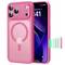Różowy telefon z pasującą obudową, prezentujący okrągły kształt i trzy obiektywy aparatu, przedstawiony z kolorowym stojakiem w pobliżu.