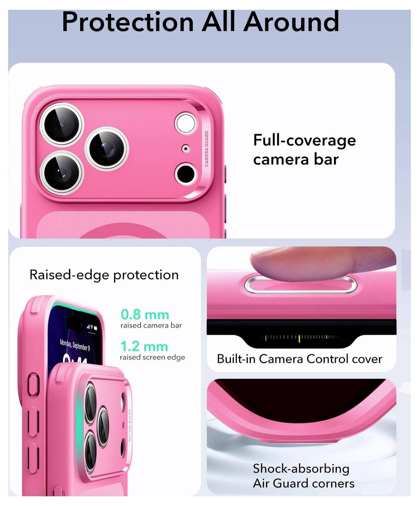 Obraz przedstawiający różowy futerał na telefon z pełną ochroną kamery, podniesionym brzegiem ekranu, wbudowaną osłoną kontroli aparatu oraz narożnikami pochłaniającymi wstrząsy.