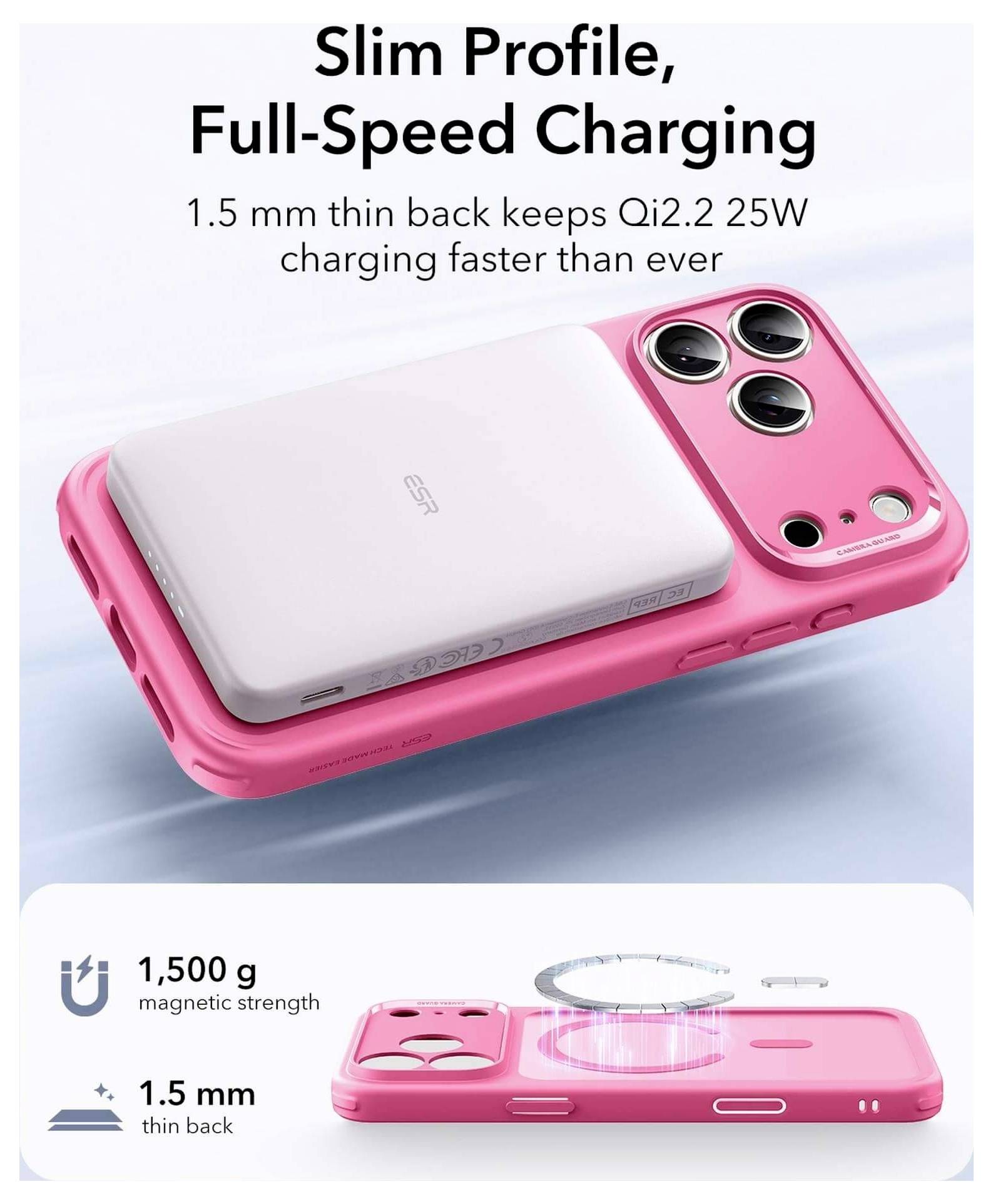 'Ładowarka Qi2.0 25W na smukłej różowej obudowie telefonu, podkreślająca tylną część o grubości 1,5 mm oraz sile magnetycznej 1 500 g dla szybszego ładowania.'