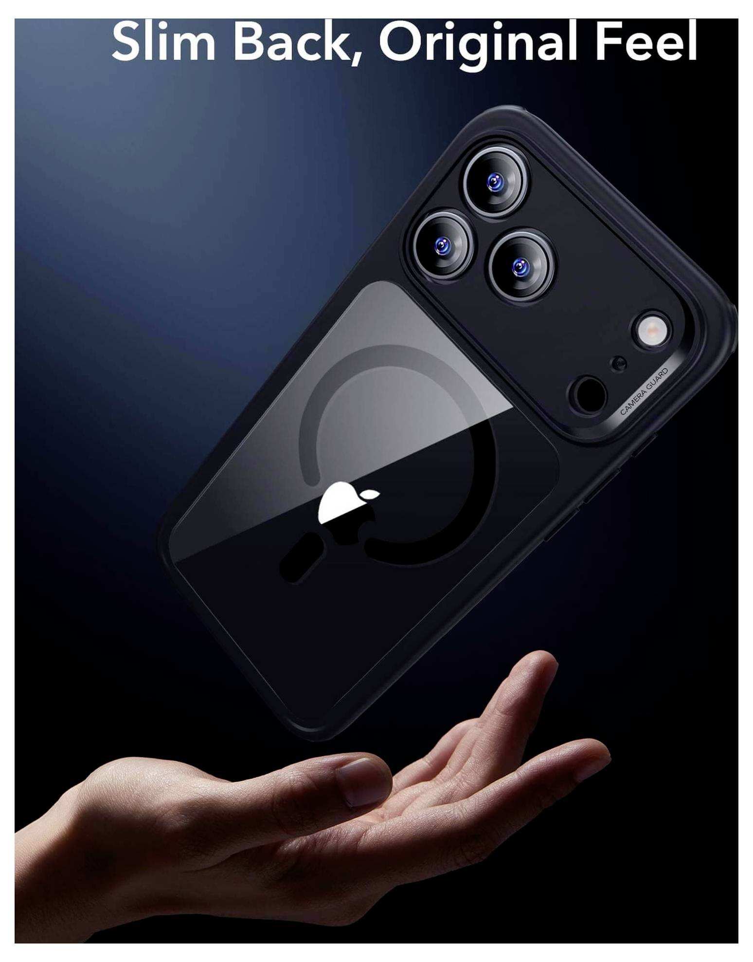 Ręka trzyma czarny telefon z trzema obiektywami aparatu, prezentując jego smukłą sylwetkę. Tekst głosi: 'Smukły tył, oryginalne wrażenie'.