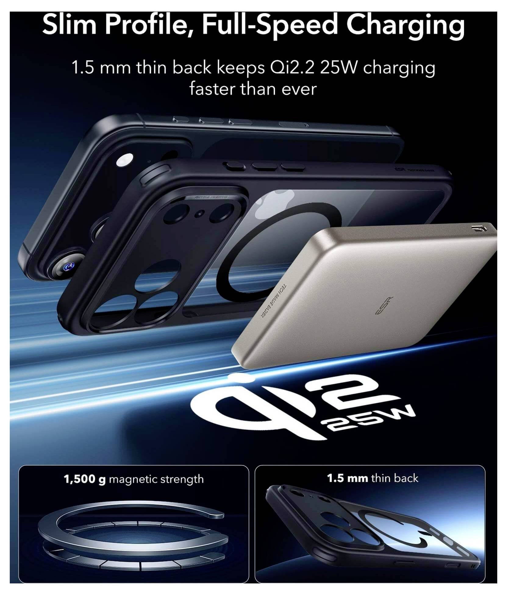 'Smukły Profil, Ładowanie Pełną Mocą: Tylna obudowa o grubości 1,5 mm zwiększa szybkość ładowania Qi2 25W; siła magnetyczna 1 500 g, funkcja tylnej części o grubości 1,5 mm.'