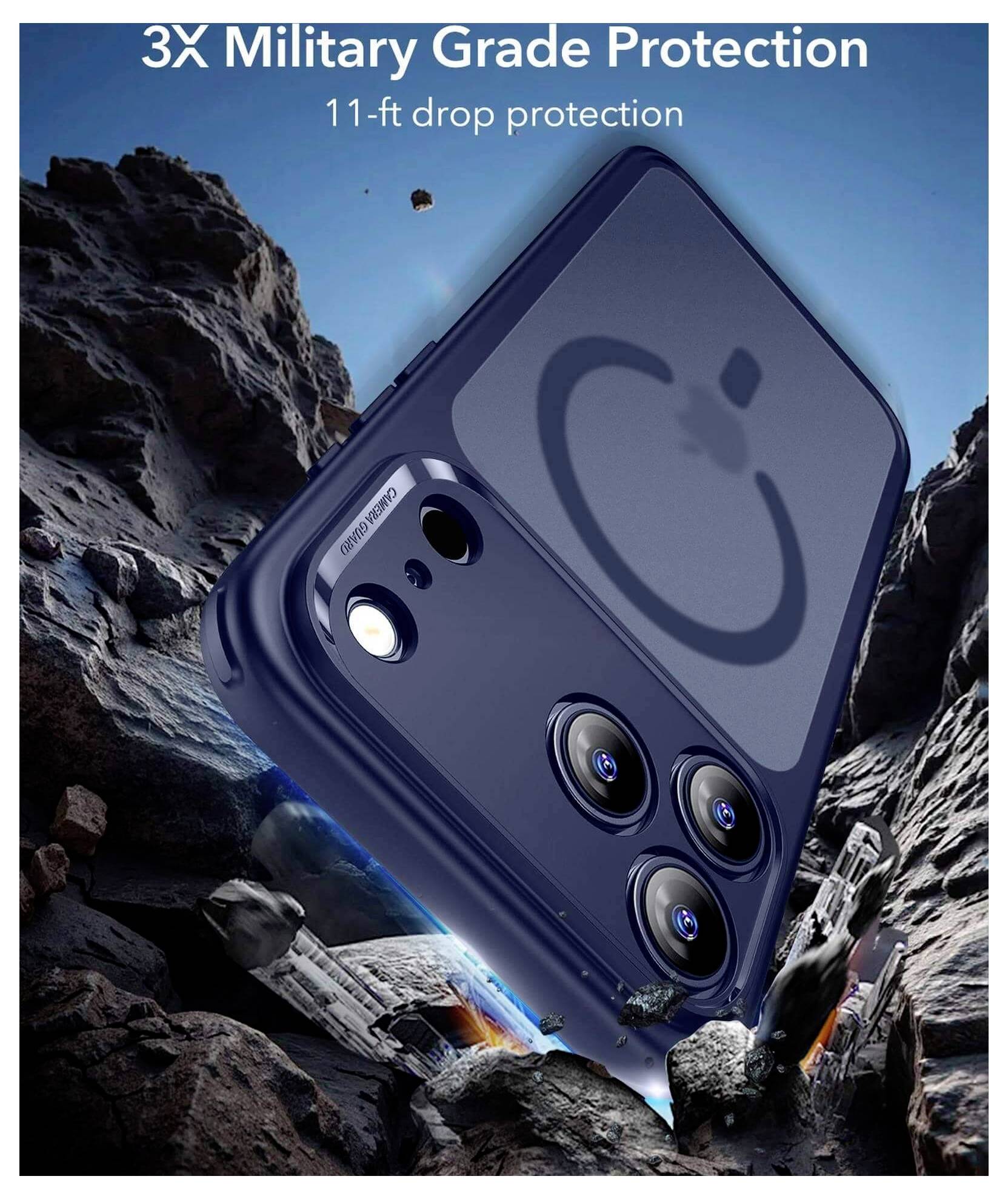 Etui na telefon w odpornej, niebieskiej obudowie z trzema obiektywami kamery, podkreślające '3-krotną ochronę w standardzie wojskowym' oraz 'odporność na upadki z wysokości 3,4 m' na tle skalistego krajobrazu.