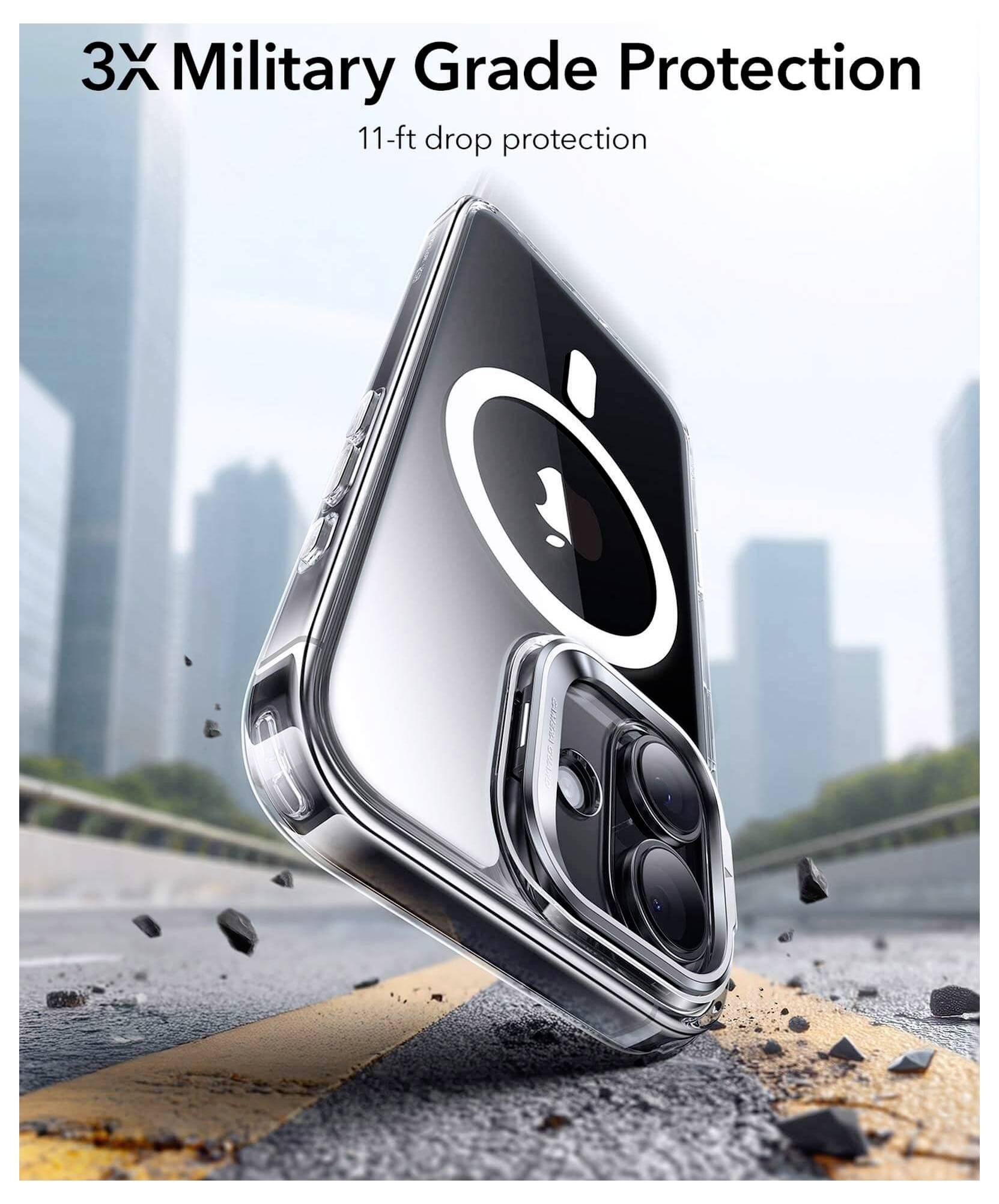 Etui na telefon '3-krotna ochrona w standardzie wojskowym' prezentowane na telefonie, ilustrujące wytrzymałość. Tekst '11-stopowa ochrona przed upadkiem'; miejskie tło.