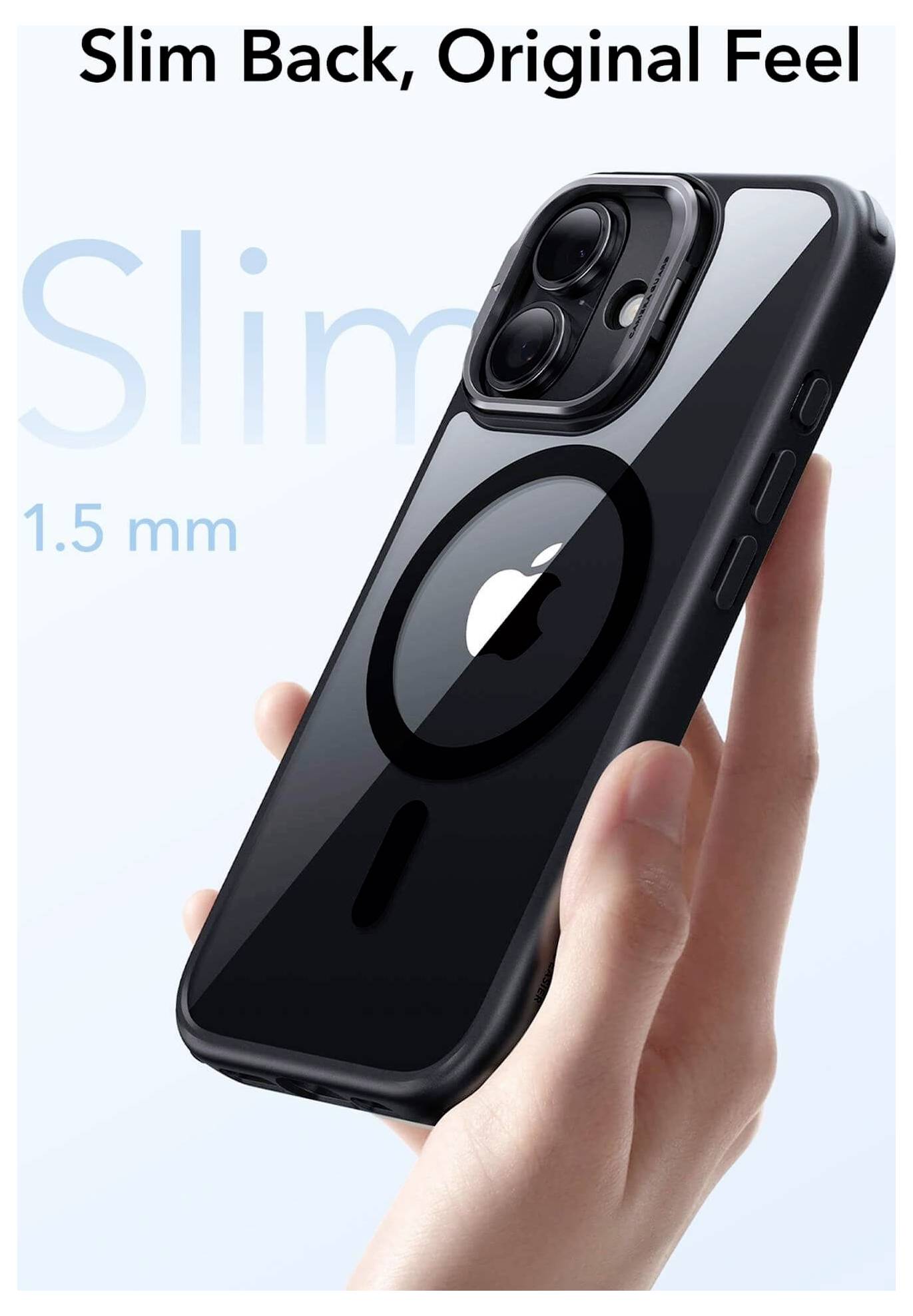 Dłoń trzyma smartfona z czarną obudową, na której widoczne jest logo Apple oraz projekt aparatu. Tekst u góry głosi: 'Smukła tylna część, oryginalny styl'.