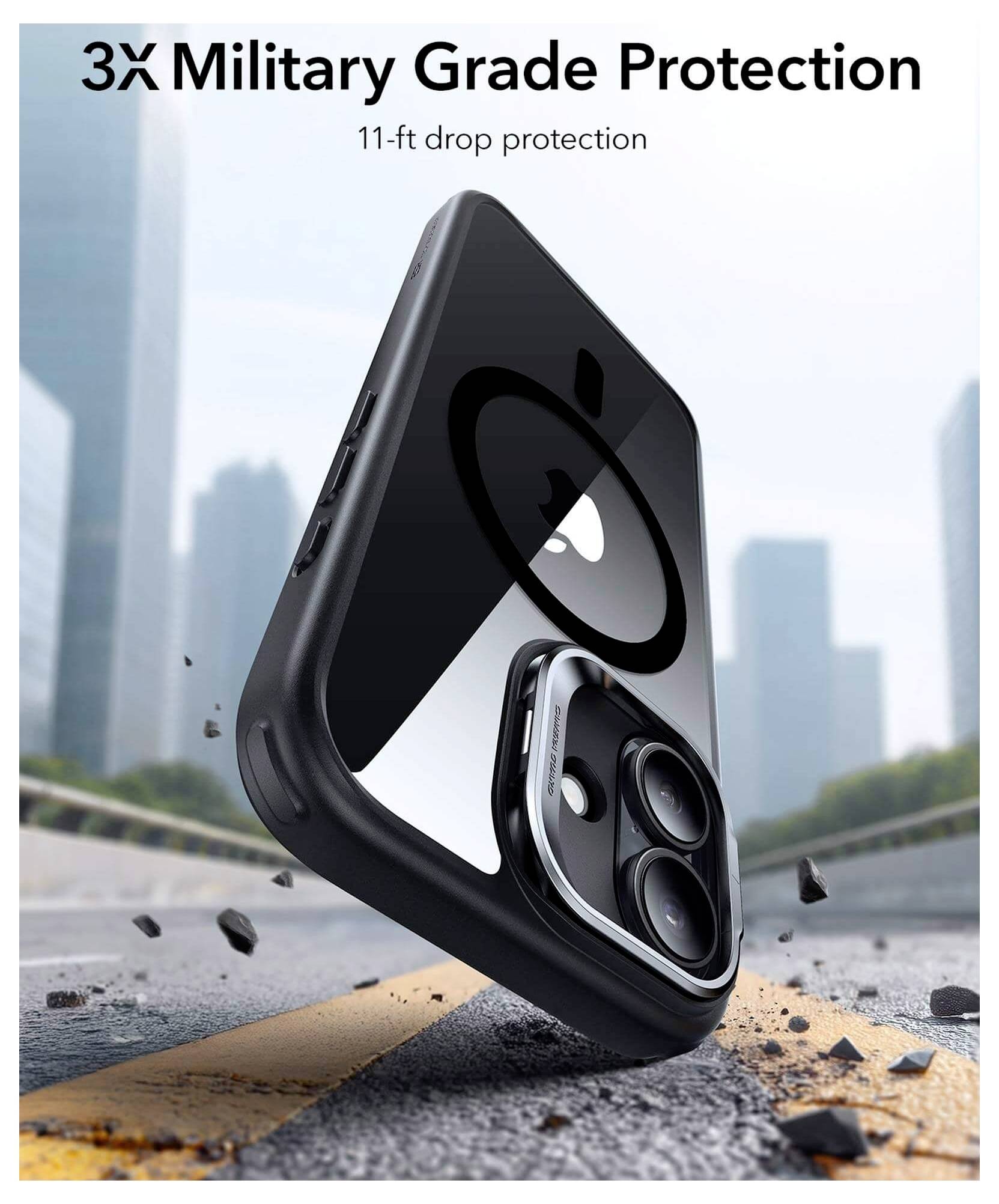 Etui na smartfona z wyróżnieniem '3-krotna ochrona wojskowa' z '11-stopową ochroną przed upadkiem', prezentujące wytrzymałą konstrukcję w scenerii miejskiej.
