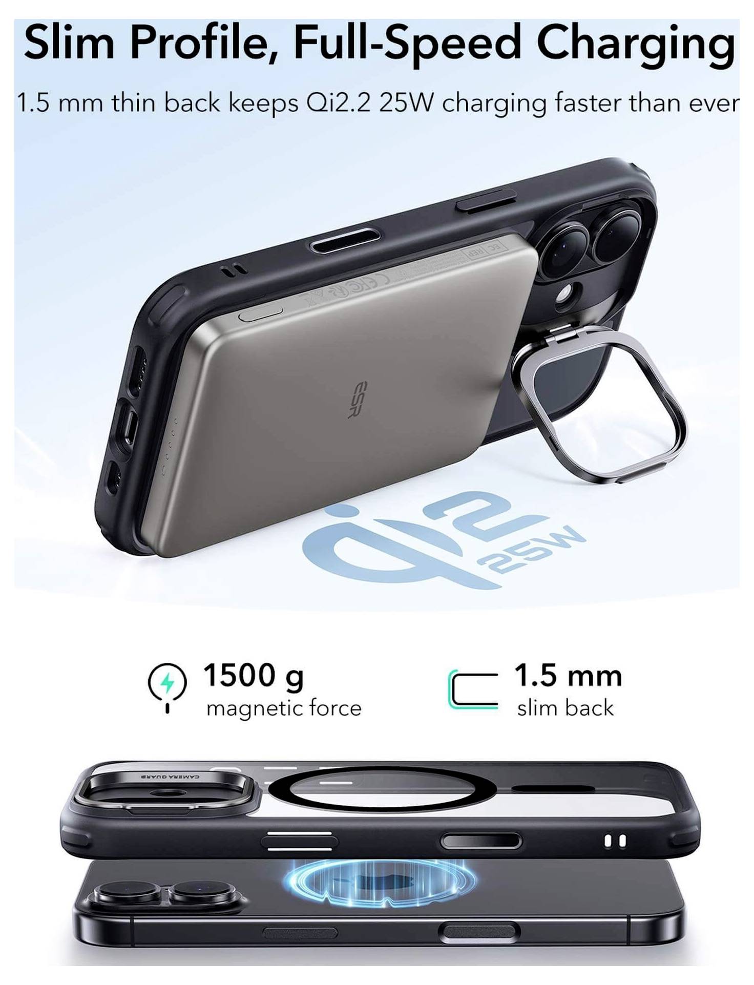 Etui o smukłym profilu i pełnoprędkościowym ładowaniu o grubości 1,5 mm z ładowaniem bezprzewodowym Qi 2.2 o mocy 25W. Magnetyczne mocowanie utrzymuje do 1500g.