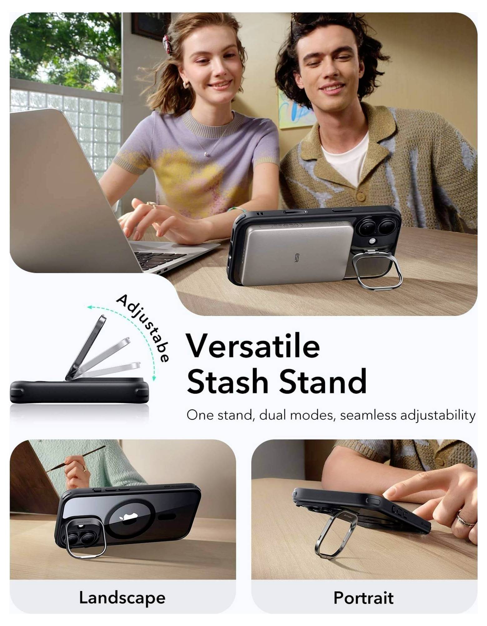 Młody mężczyzna i kobieta używają podstawki do smartfona, którą można regulować w trybie poziomym i pionowym, oznaczonej etykietą „Wszechstronny Stojak Schowek".