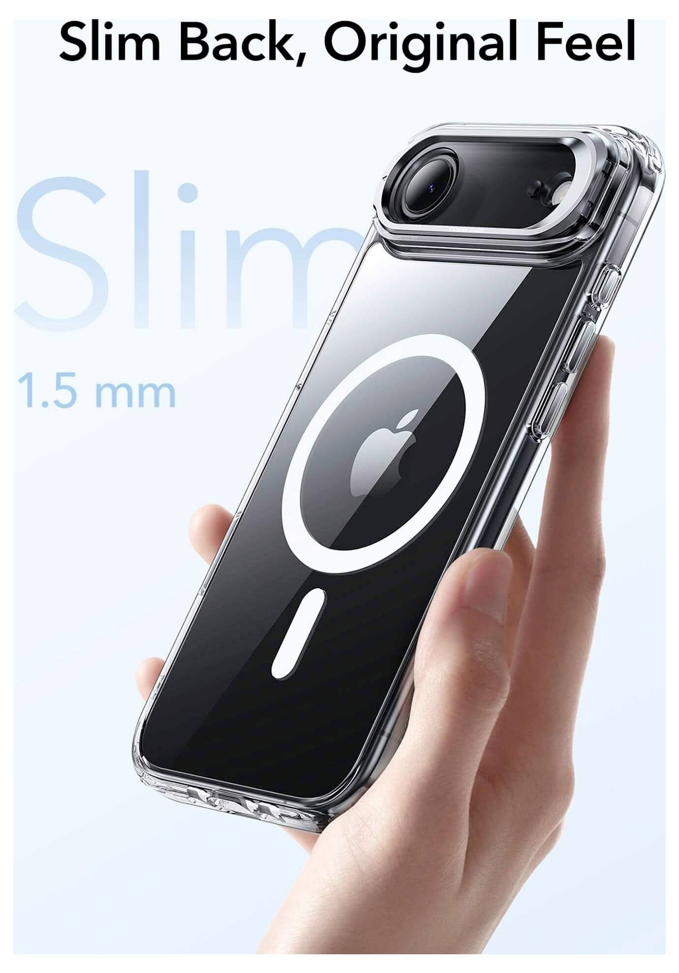 Dłoń trzyma smartfon w cienkiej, przezroczystej obudowie. Tekst głosi 'Cienkie Plecy, Oryginalny Feeling' oraz '1,5 mm', podkreślając smukłość.