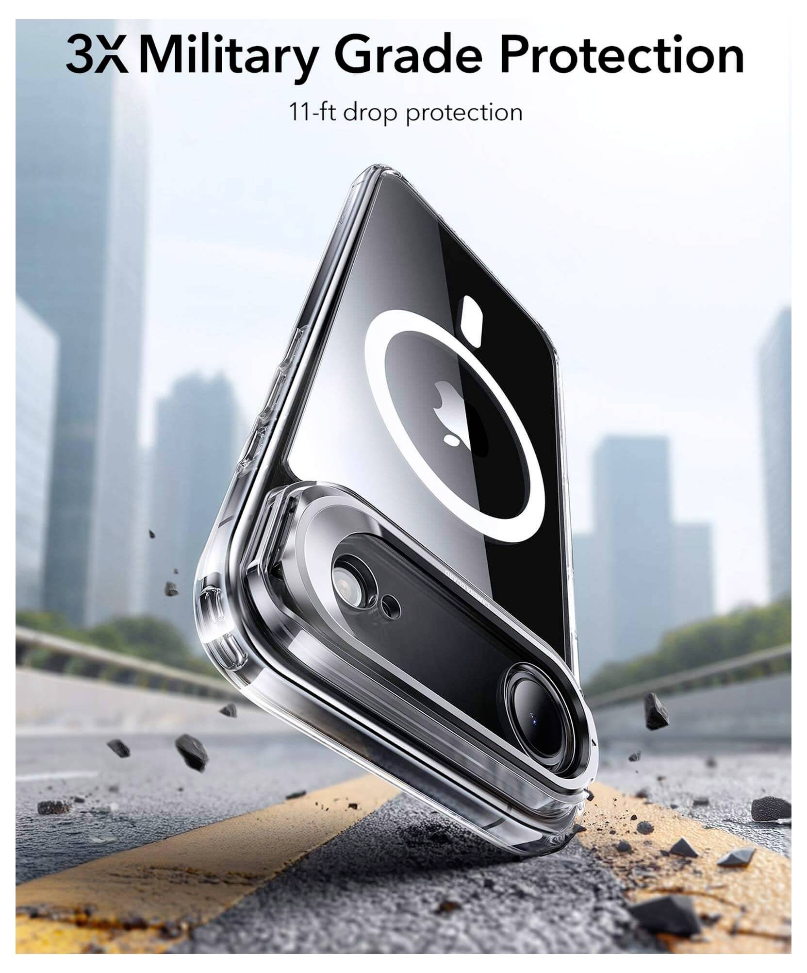 Telefon w ochronnym etui jest pokazany w powietrzu nad drogą, podkreślając '3-krotną ochronę na poziomie wojskowym' oraz 'ochronę przed upadkiem z wysokości 3,4 metra'.