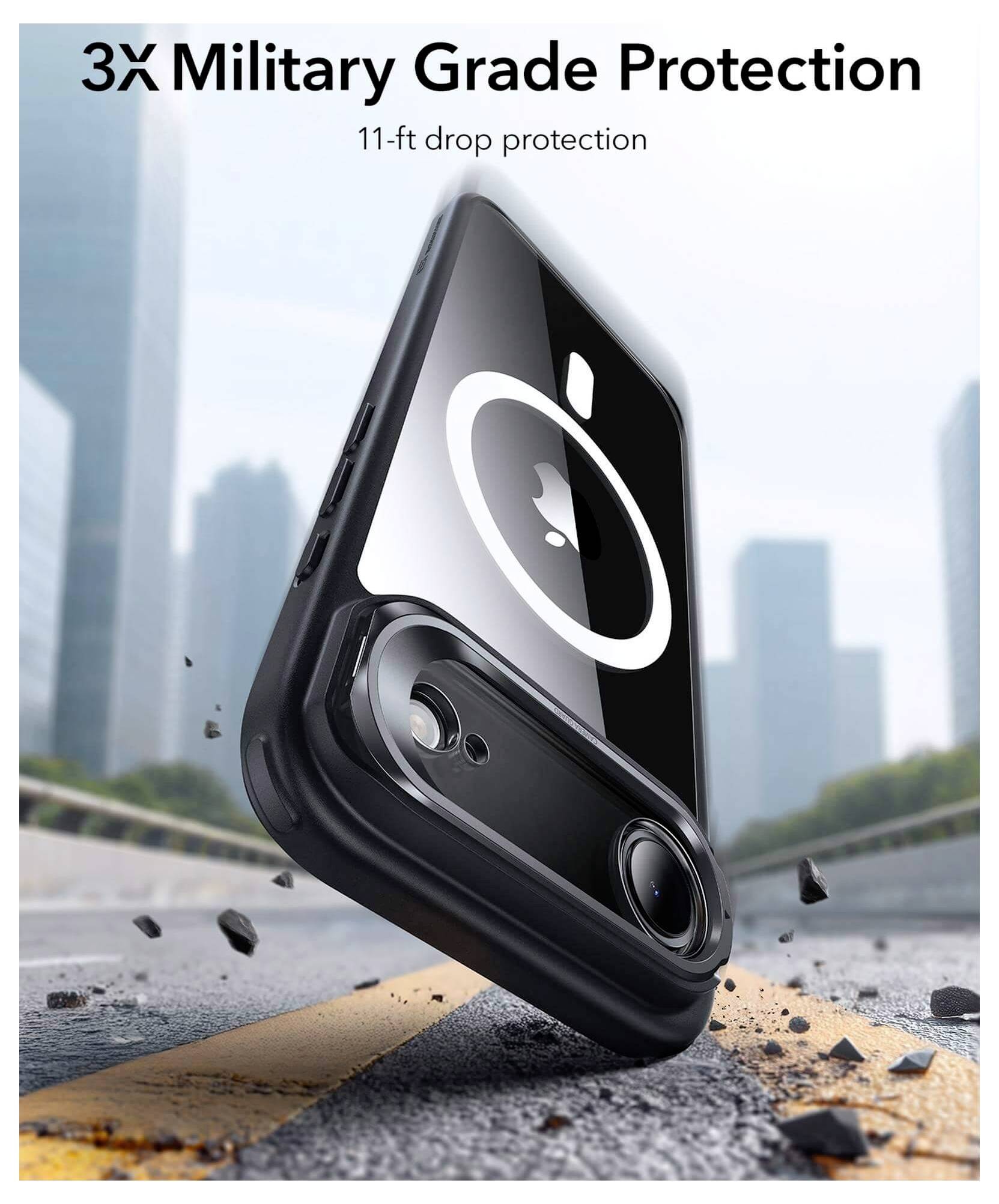 Etui na telefon demonstrujące '3-krotną ochronę w standardzie wojskowym' z 'ochroną przed upadkiem z wysokości 3,4 metra', przedstawiające telefon odbijający się od miejskiej ulicy.