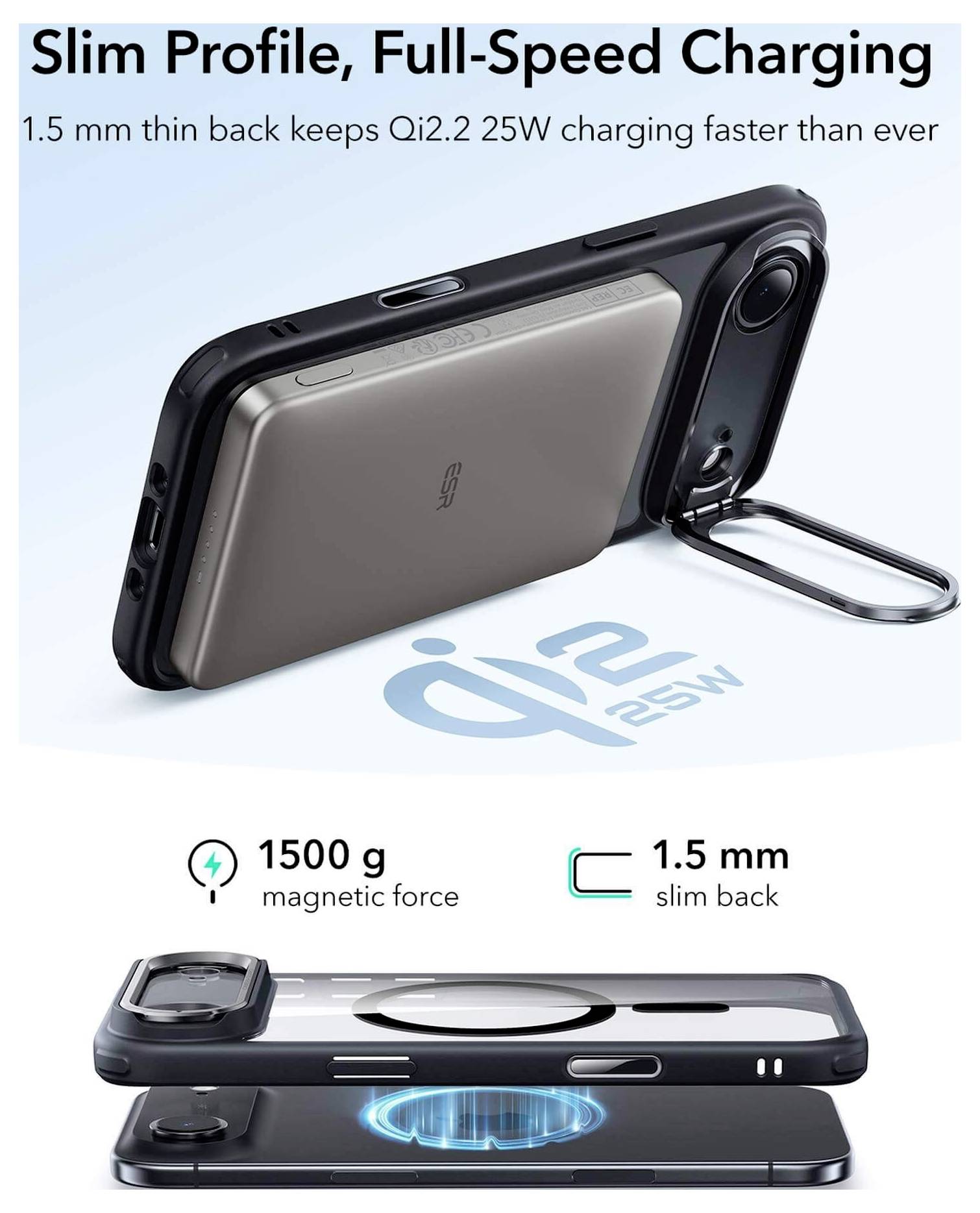 Etui na telefon o smukłym profilu umożliwiające ładowanie Qi2.2 z mocą 25W, tylna cześć o grubości 1,5 mm, siła magnetyczna 1500g, z pierścieniowym uchwytem.