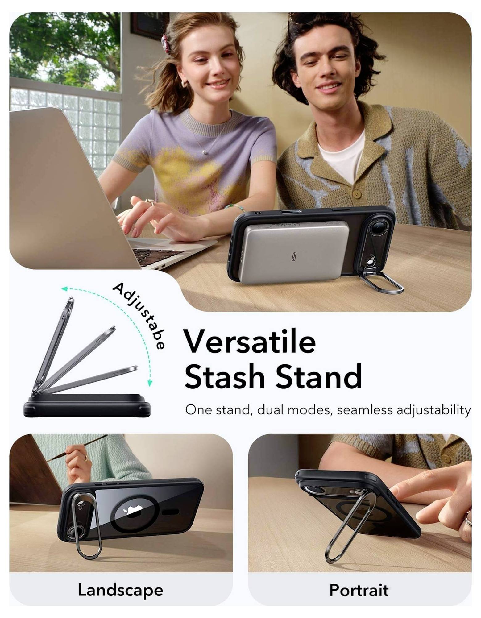 'Uniwersalny Stojak na Sprzęt: Jeden stojak, dwa tryby, bezproblemowa regulacja.' Obraz przedstawia dwie osoby korzystające z laptopa, z bliskimi ujęciami podstawki na telefon w trybach poziomym i pionowym.