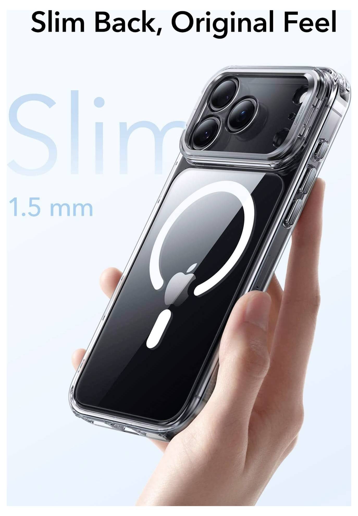 Dłoń trzyma smukły smartfon w przezroczystej obudowie z widocznym symbolem ładowania bezprzewodowego. Tekst głosi: 'Smukła tylna część, Oryginalny feel'.