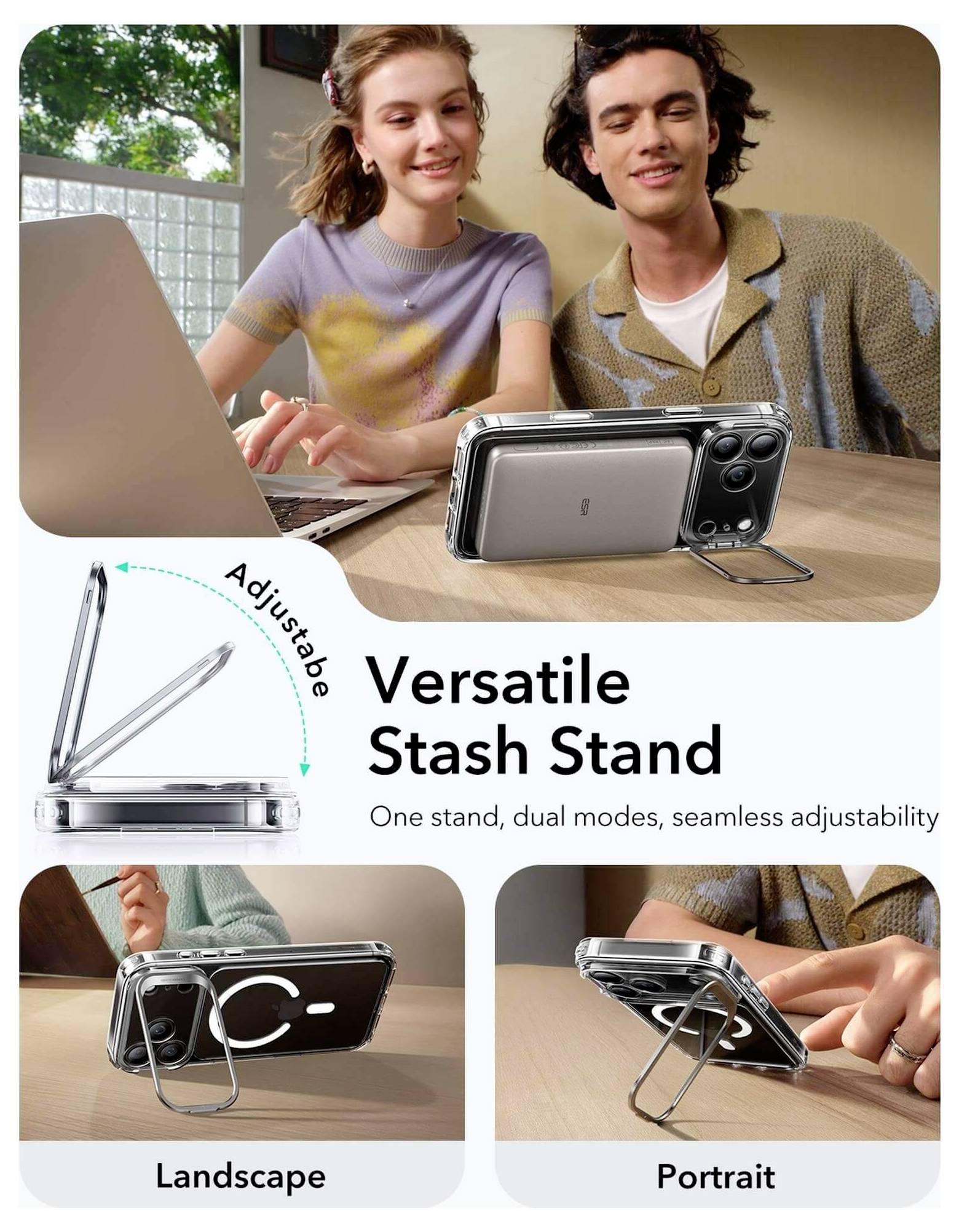 Wielofunkcyjny Stojak na Akcesoria" prezentowany w dwóch trybach: regulowany stojak wspiera telefony w orientacji poziomej i pionowej dla wygodnego użycia.