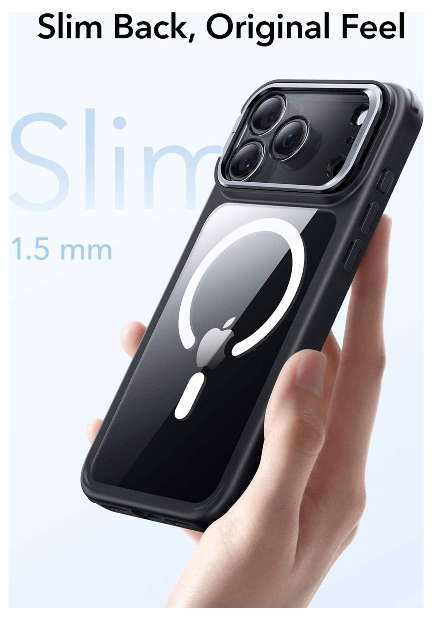 'Dłoń trzymająca smukłą czarną obudowę telefonu z widocznym wycięciem na aparat. Tekst głosi "Smukły tył, oryginalny feeling" oraz "1,5 mm".'