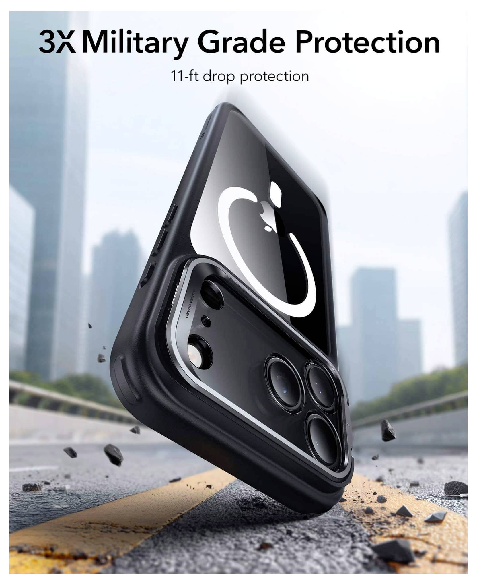 Telefon w wytrzymałym etui spadający na ulicę, prezentujący '3-krotną ochronę wojskową, ochronę przed upadkiem z wysokości 3,4 metra' na tle panoramy miasta.