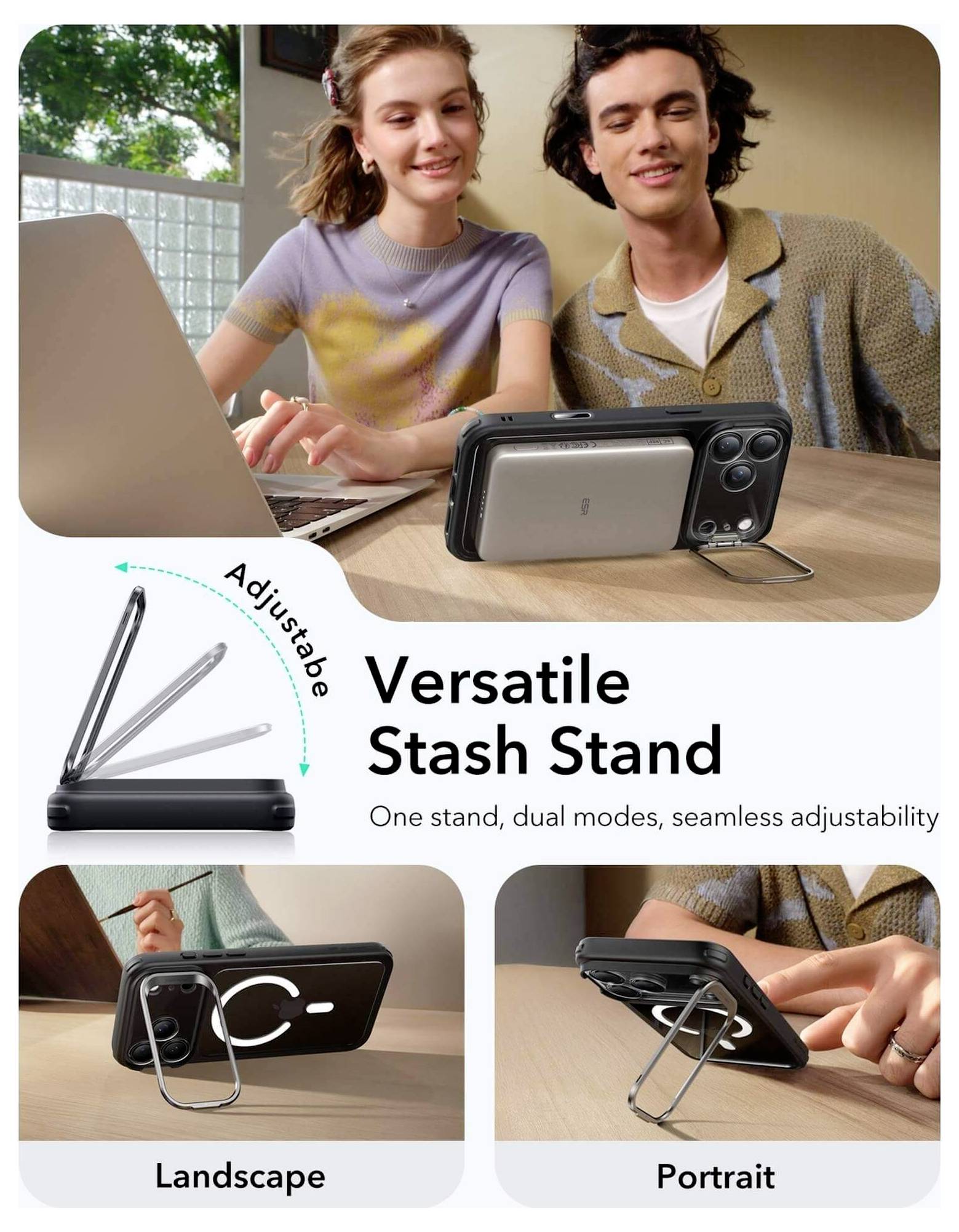 Uniwersalny Stojak na Smartfona' - obraz przedstawiający stojak na smartfona z możliwością regulacji kąta nachylenia, wyświetlający ekran w trybie poziomym i pionowym. Obok znajdują się dwie osoby korzystające z laptopów.