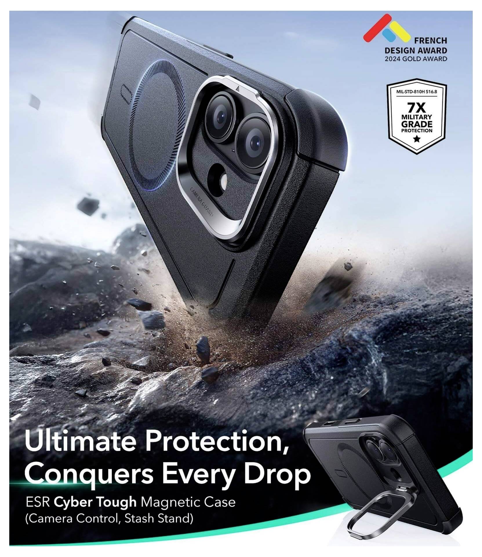 Etui ESR Cyber Tough Magnetyczne z kontrolą kamery i podstawką na akcesoria, prezentujące wytrzymałość z hasłem 'Maksymalna Ochrona, Zwycięża Każdy Upadek'.