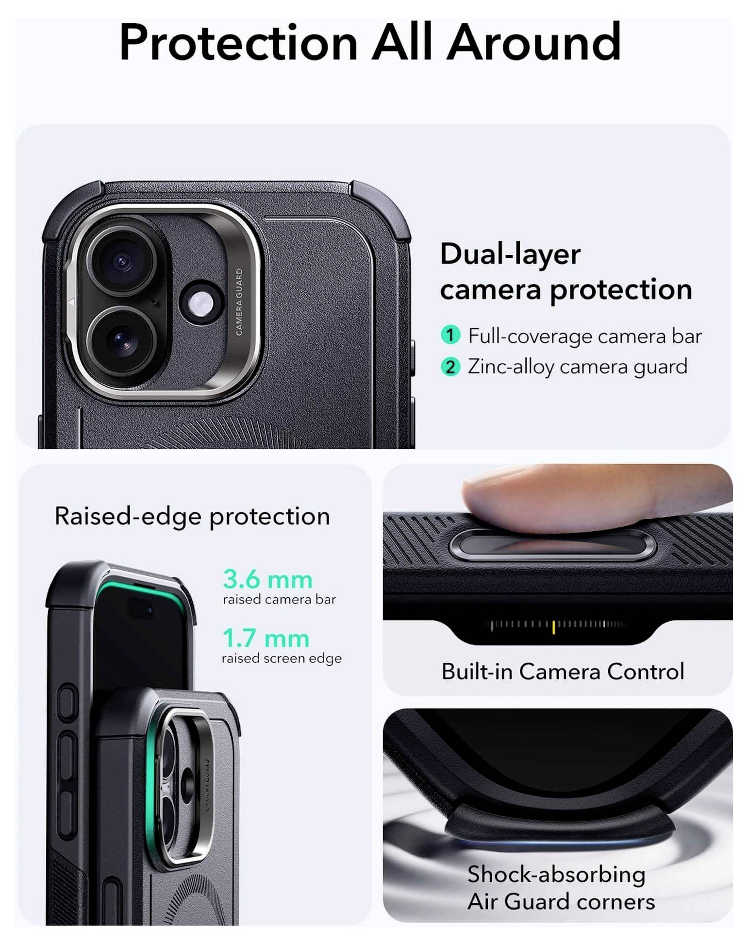 „Ochrona ze wszystkich stron" jest prezentowana ze szczegółami etui na telefon, które oferuje podwójną warstwę ochrony aparatu, ochronę z podniesionymi krawędziami, wbudowaną kontrolę kamery oraz narożniki pochłaniające wstrząsy.