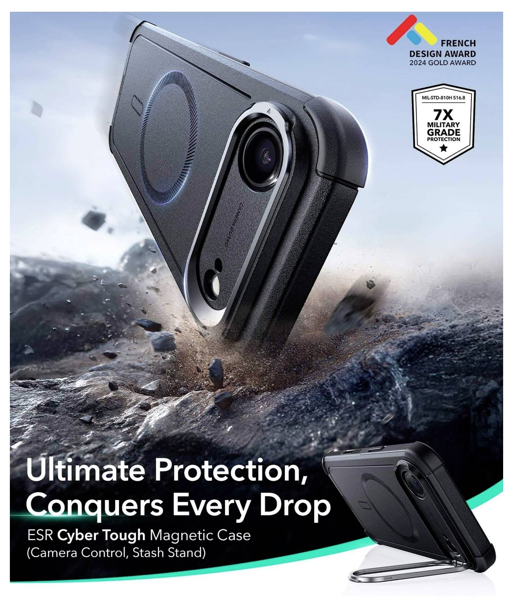 „Maksymalna Ochrona, Pokona Każdą Kroplę" Etui Magnetyczne ESR Cyber Tough z Kontrolą Kamery i Chowaną Podstawką, zdjęcie przedstawia wytrzymały pokrowiec na telefon.