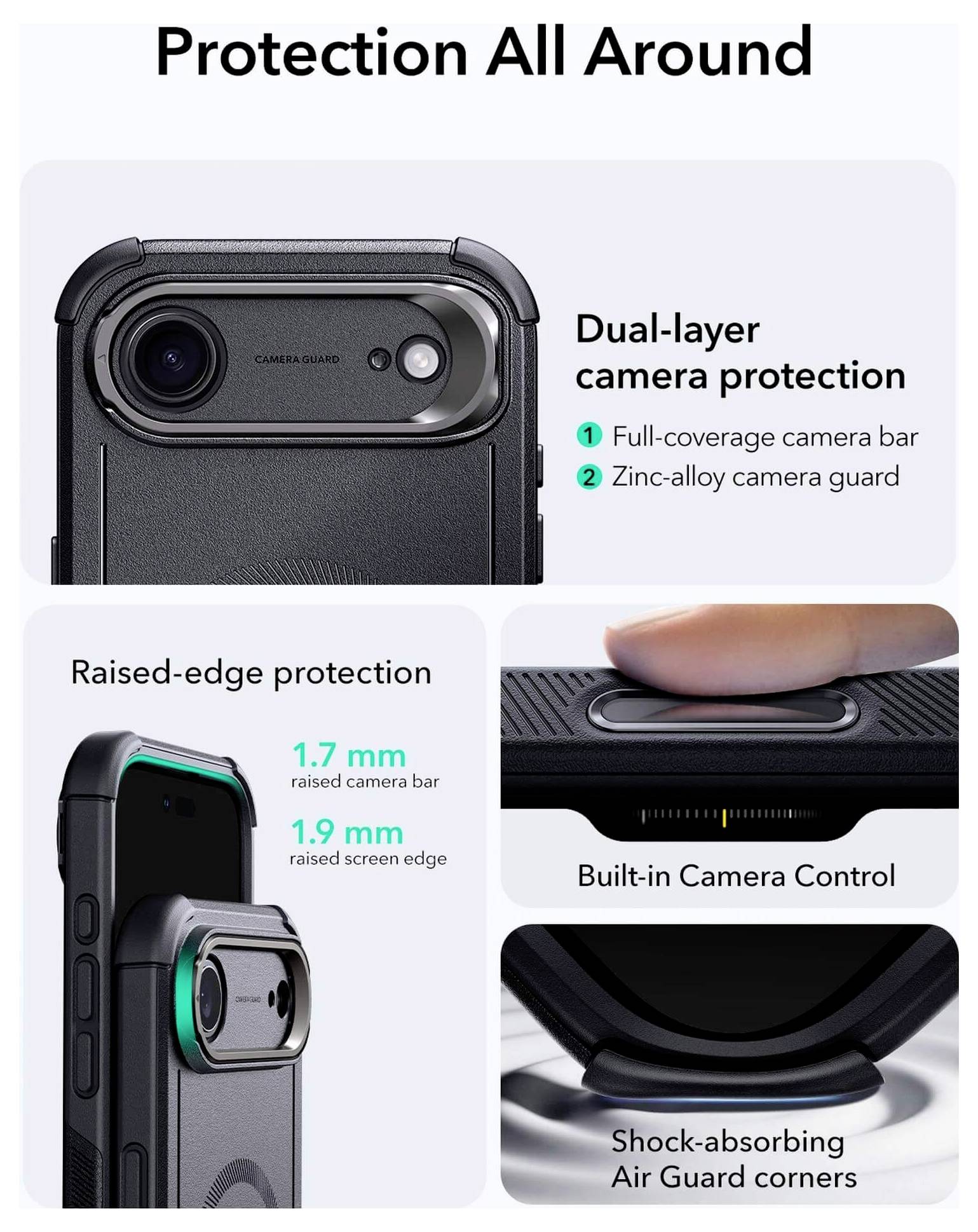Ochrona zewsząd" - obraz prezentujący etui na telefon, podkreślający podwójną warstwę ochrony kamery, podniesione krawędzie, wbudowane elementy sterujące oraz absorpcję wstrząsów.