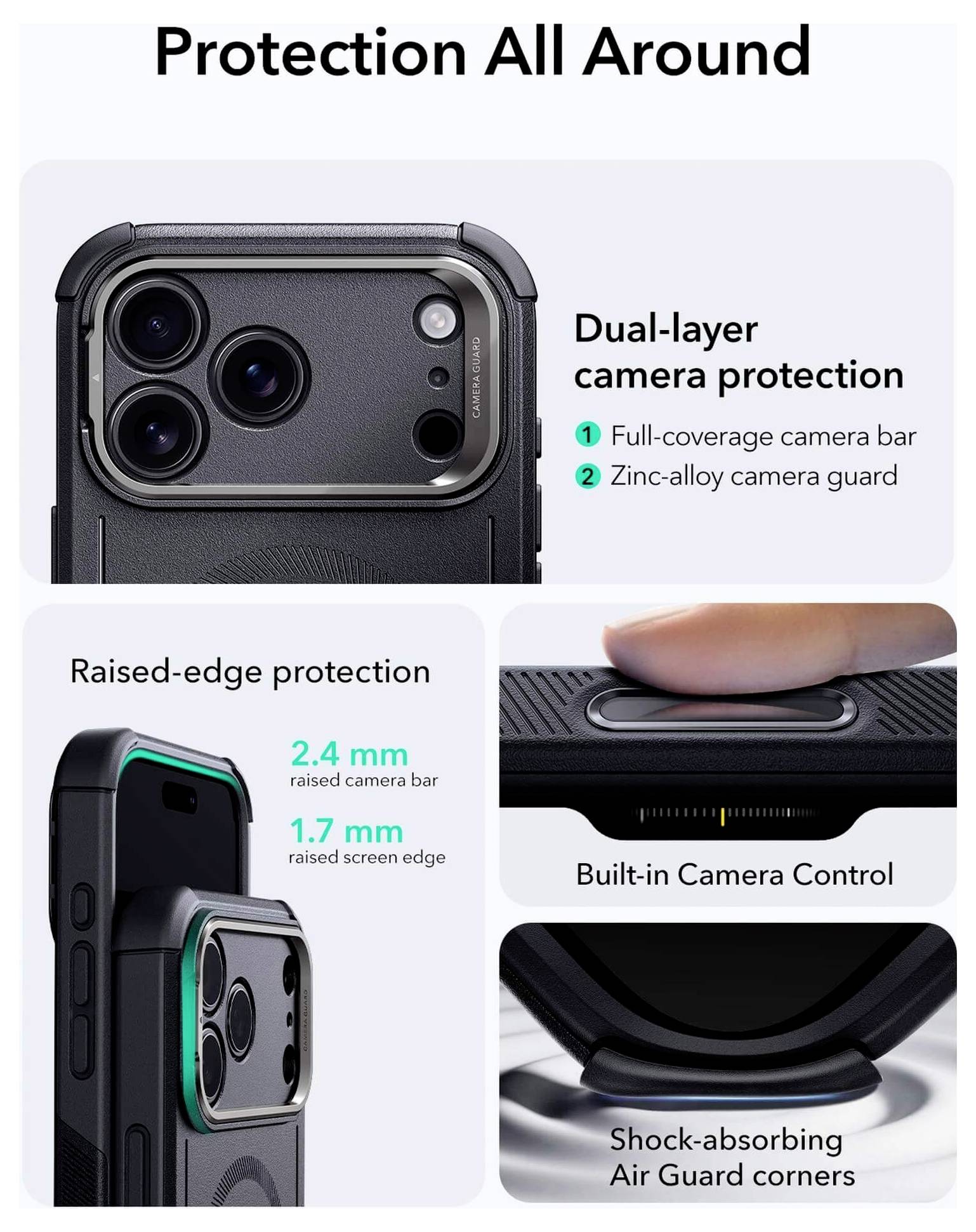 „Ochrona ze wszystkich stron": Dwuwarstwowa obudowa z pełnym pokryciem i ochroną obiektywu z stopu cynku, podwyższonymi krawędziami, wbudowaną kontrolą aparatu, narożnikami pochłaniającymi wstrząsy.