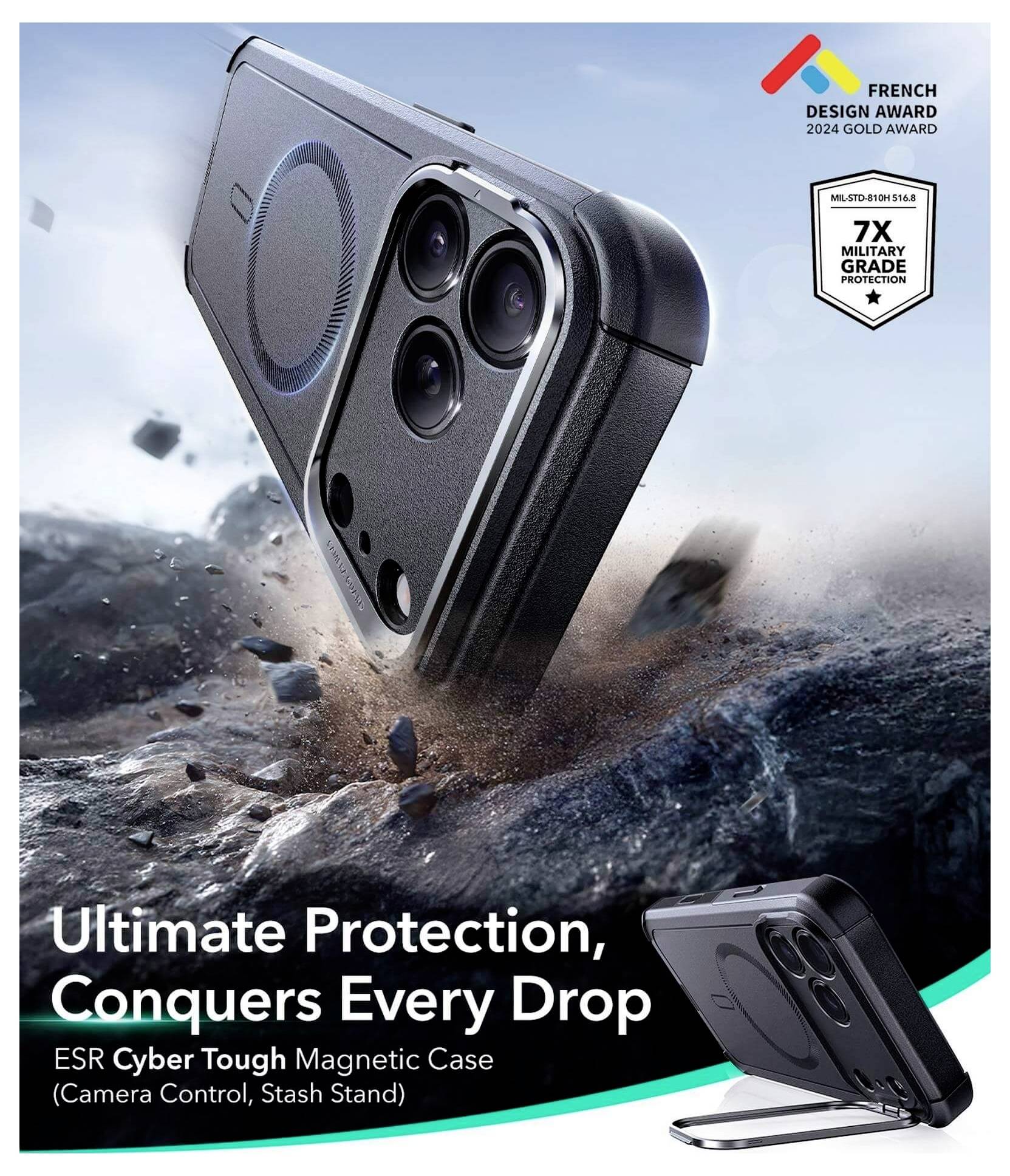 „Maksymalna Ochrona, Zwycięża Każdą Kroplę" - Zdjęcie przedstawia magnetyczną obudowę ESR Cyber Tough dla telefonu, podkreślającą wytrzymałość i funkcjonalność.