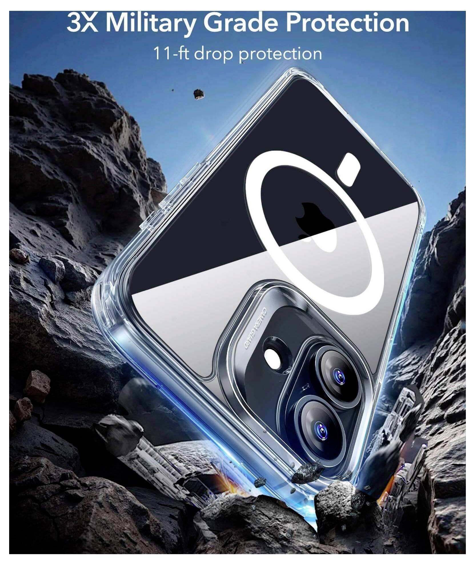 Telefon z podwójnym aparatem w wytrzymałej obudowie, podświetlony napisami '3-krotna ochrona wojskowa' oraz 'ochrona przed upadkiem z wysokości 11 stóp', ustawiony na skalistym terenie.