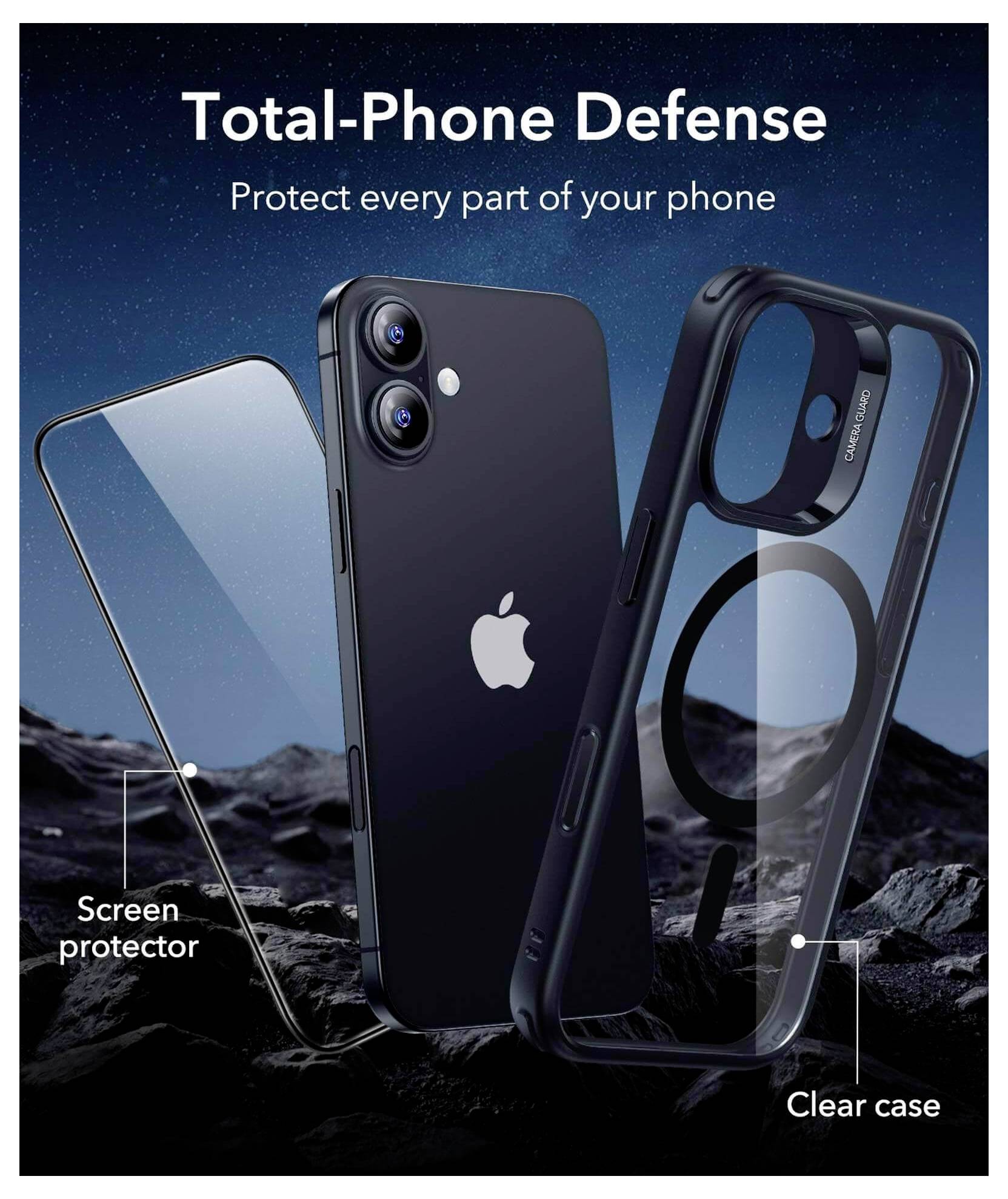 Reklama 'Total-Phone Defense' prezentująca osłonę ekranu i przezroczysty pokrowiec, podkreślająca funkcje ochrony telefonu na tle nocnego nieba.