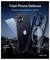 Reklama 'Total-Phone Defense' prezentująca osłonę ekranu i przezroczysty pokrowiec, podkreślająca funkcje ochrony telefonu na tle nocnego nieba.