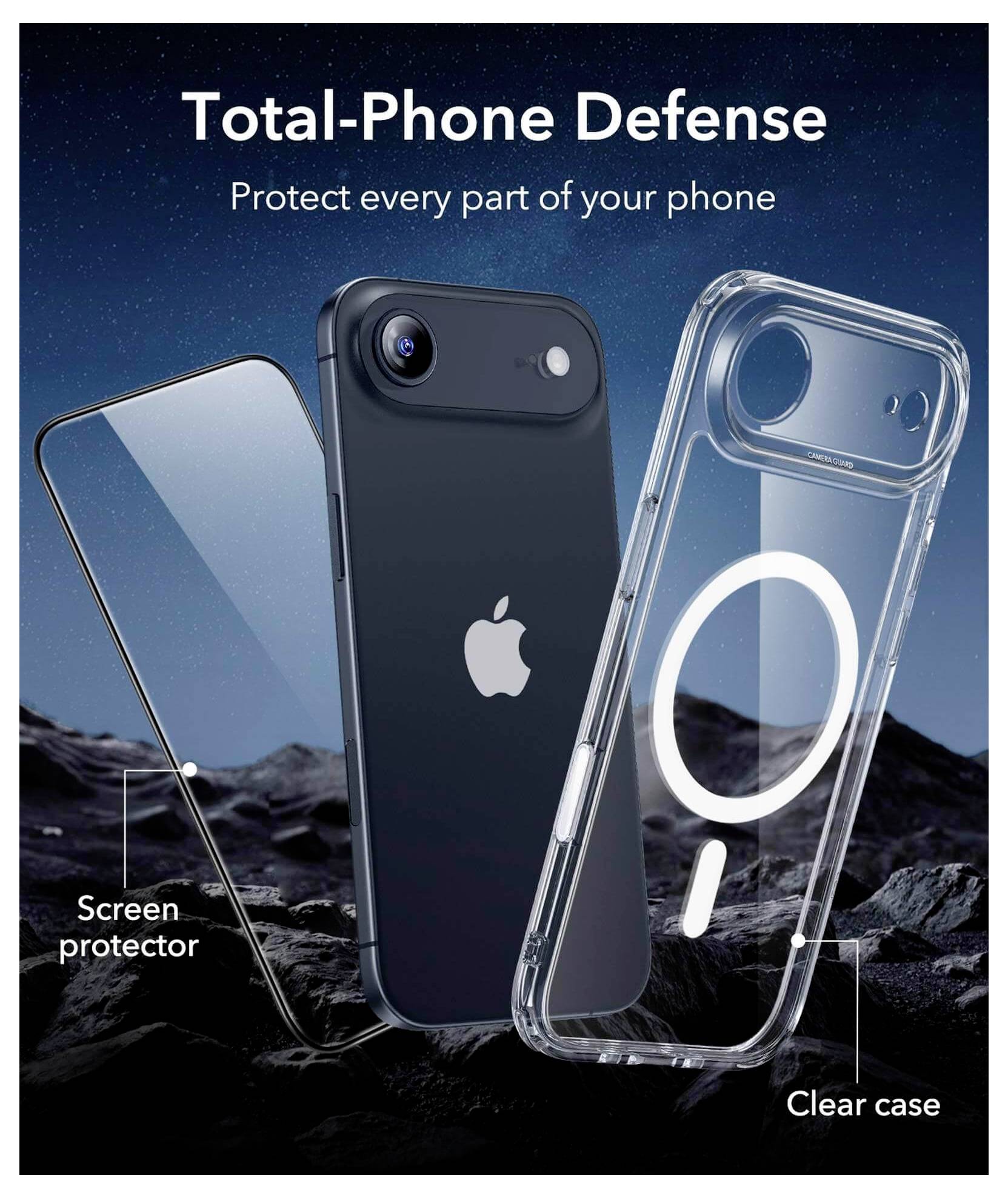 "Całkowita Ochrona Telefonu: Zabezpiecz każdą część swojego urządzenia" obraz przedstawiający telefon, folię ochronną na ekran i przezroczyste etui na tle gwiaździstego nieba.