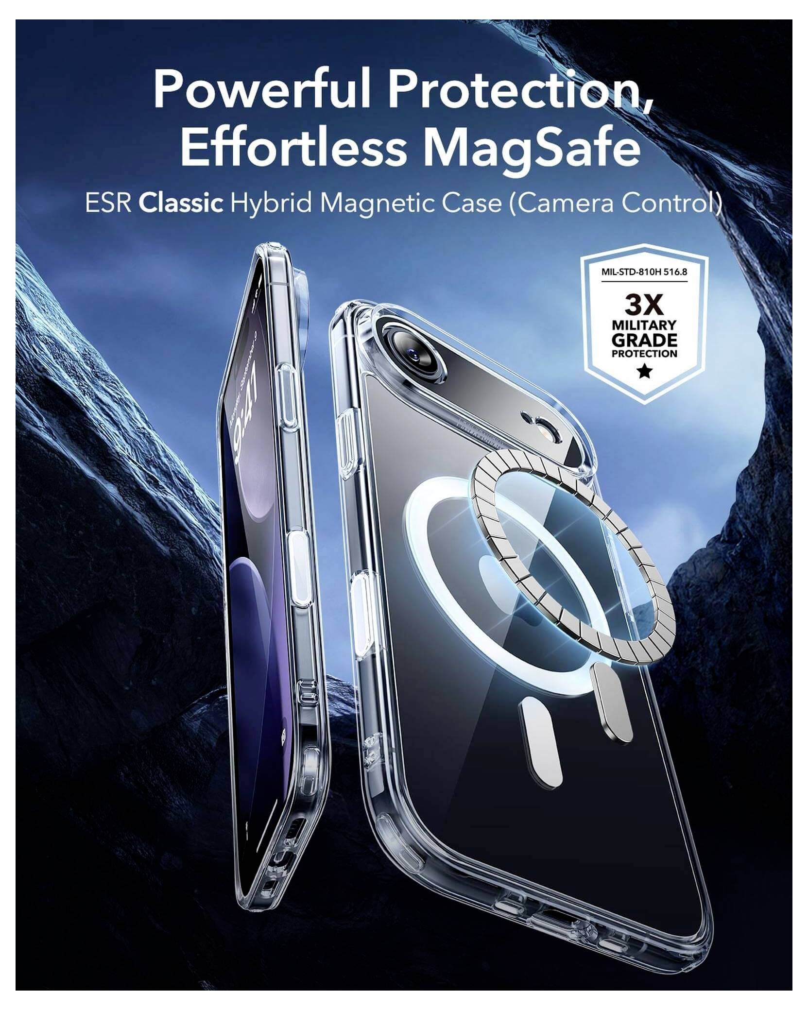Potężna Ochrona, Łatwe Mocowanie z MagSafe" reklama przedstawia przezroczysty, magnetyczny pokrowiec na telefon marki ESR, podkreślając 3-krotną ochronę na poziomie wojskowym.