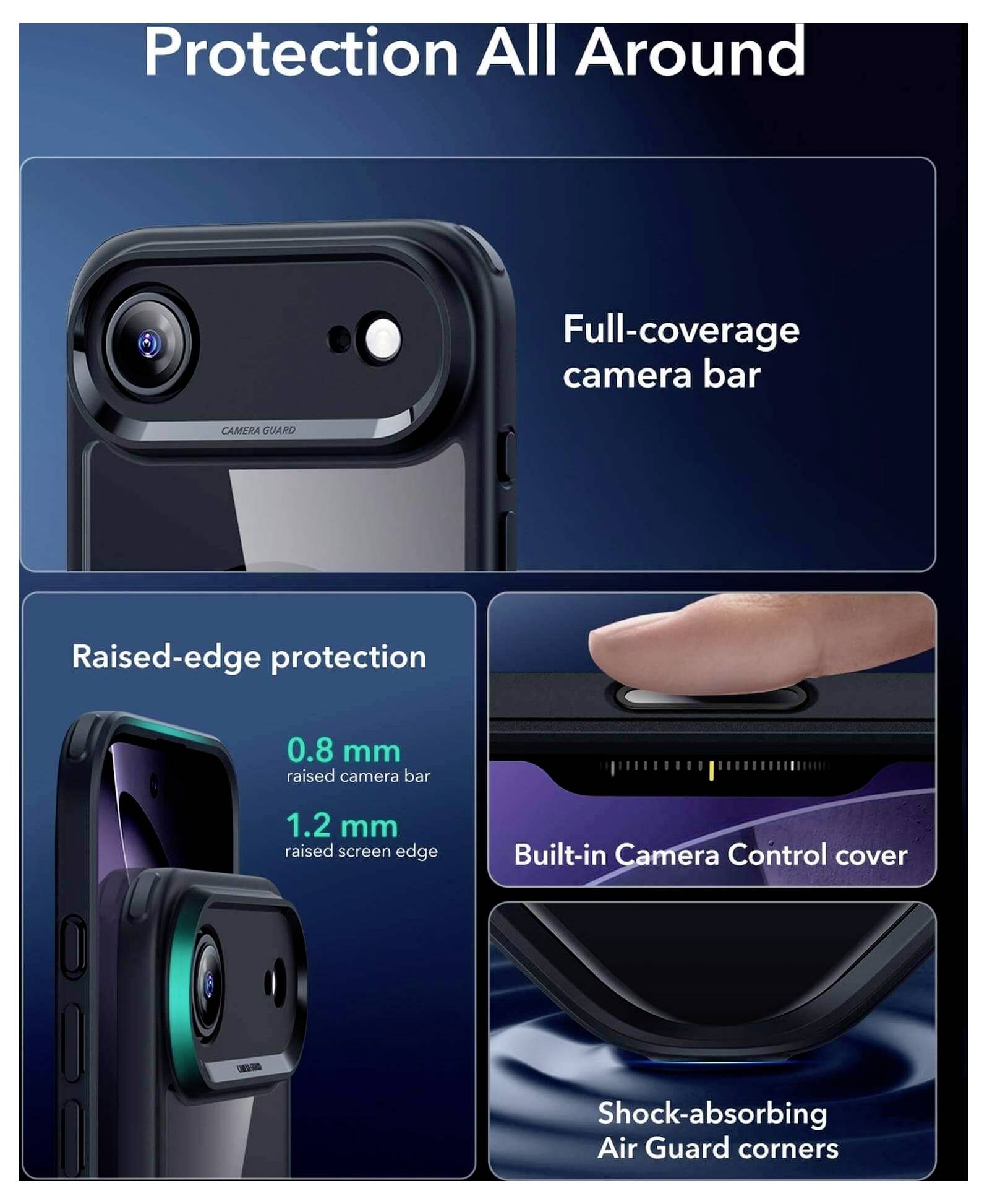 Etui do iPhone'a posiada pełną osłonę paska kamery, ochronę krawędzi, wbudowaną osłonę sterowania kamerą oraz narożniki pochłaniające wstrząsy.