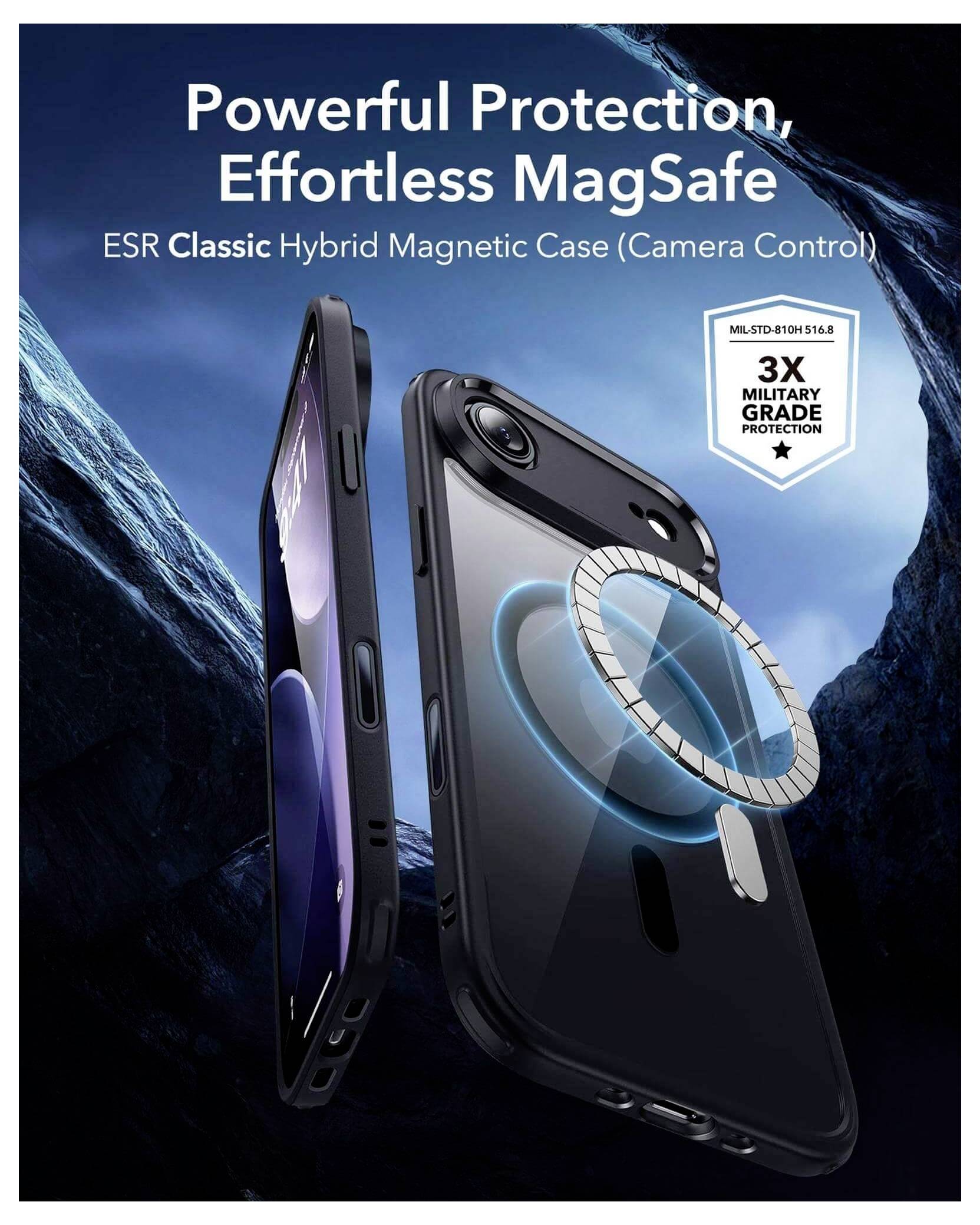 Czarny futerał na telefon z magnetycznym pierścieniem, prezentowany jako oferujący 'Potężną Ochronę, Bezproblemowe MagSafe', podkreśla swój hybrydowy design.