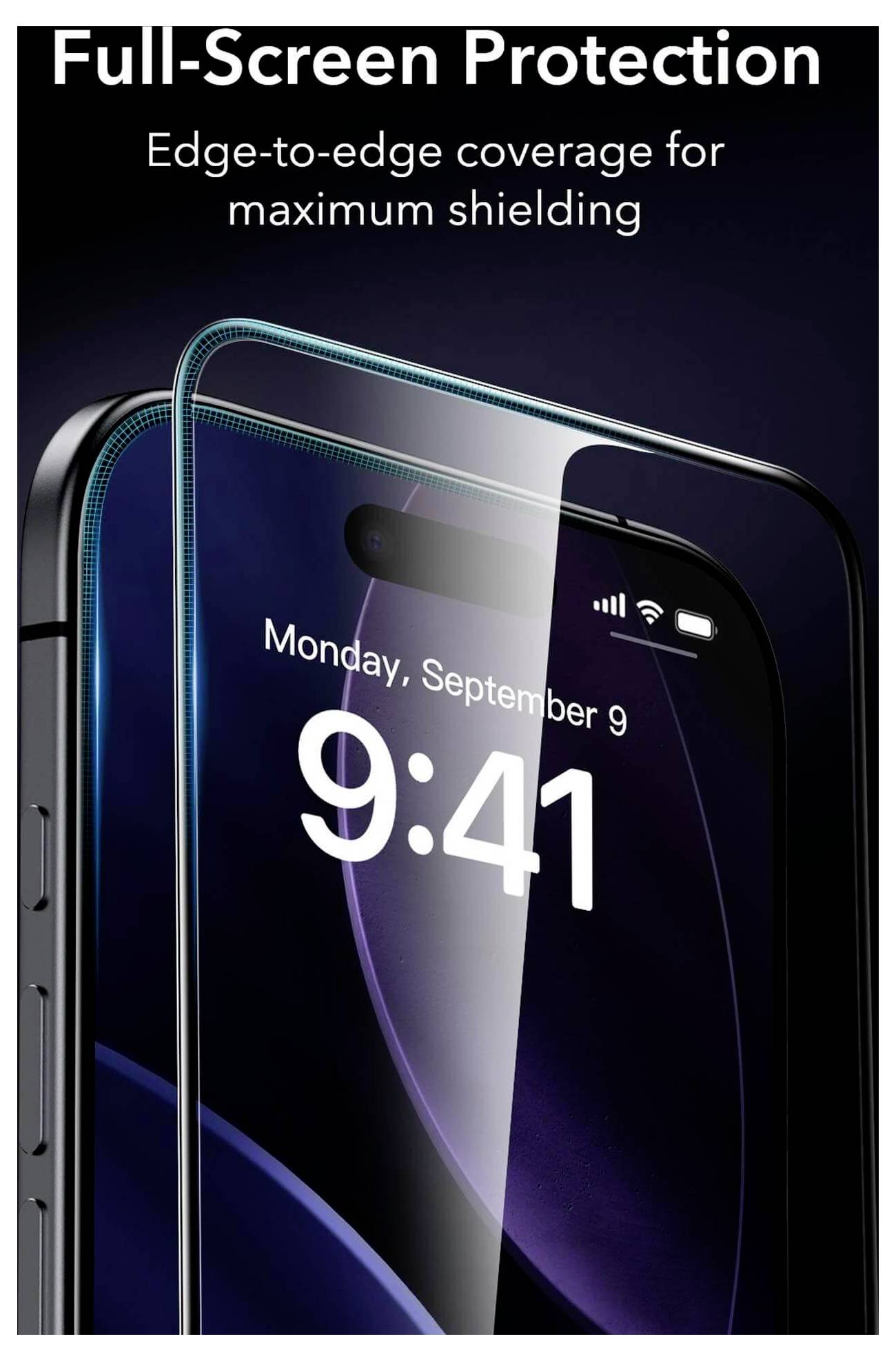 Telefon z częściowo nałożoną szklaną folią ochronną wyświetla godzinę '9:41' i datę 'Poniedziałek, 9 września'. Tekst głosi: 'Ochrona pełnoekranowa. Pokrycie krawędź-krawędź dla maksymalnej ochrony'.