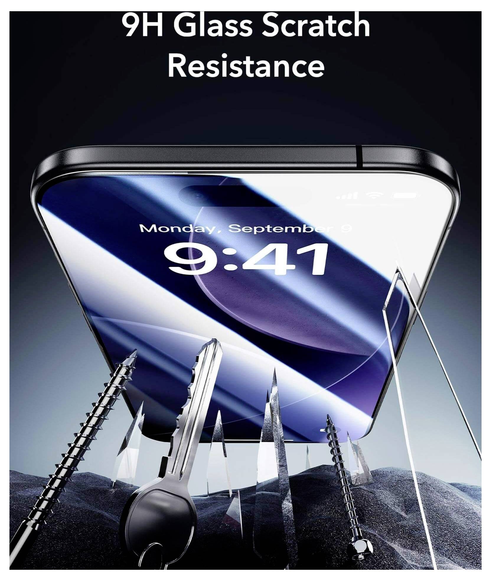 Smartfon z wyświetlaczem z hartowanego szkła 9H wyświetla 'Poniedziałek, 9 września, 9:41'. Klucze i śruby w pobliżu ilustrują odporność na zarysowania.