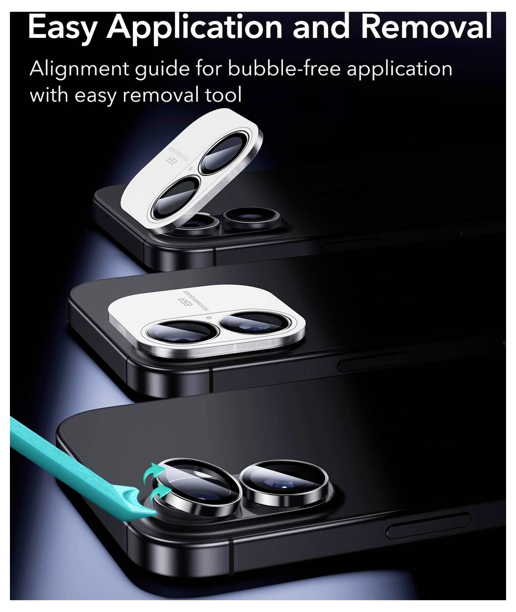 Ilustracja przewodnika 'Łatwa Aplikacja i Usuwanie' przedstawia narzędzie wyrównujące osłonę obiektywu na smartfonie, podkreślając nakładanie bez pęcherzyków powietrza.