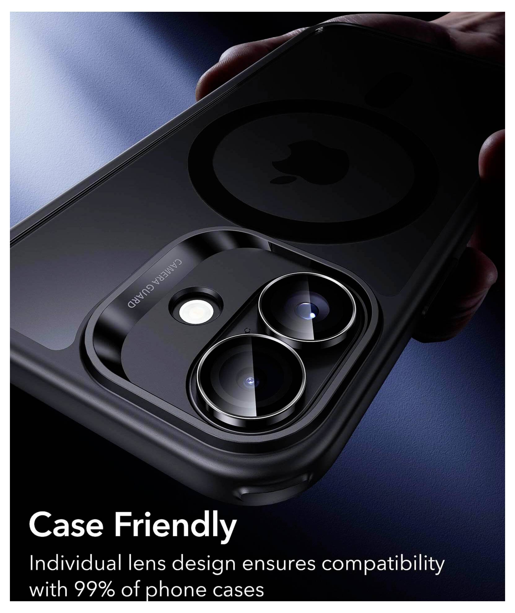 Zbliżenie obiektywu kamery smartfona z tekstem: "Przyjazny etui: Indywidualny design soczewek zapewnia kompatybilność z 99% etui telefonicznych."