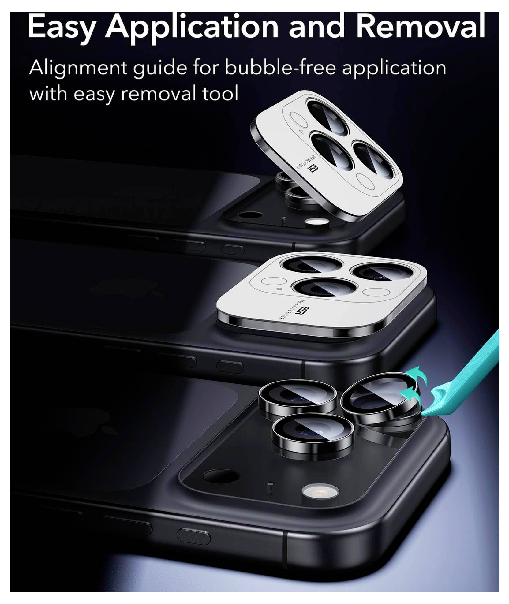 Łatwe nakładanie i zdejmowanie': Obraz przedstawia osłony obiektywów nakładane na aparat smartfona za pomocą prowadnicy i narzędzia do pozycjonowania.