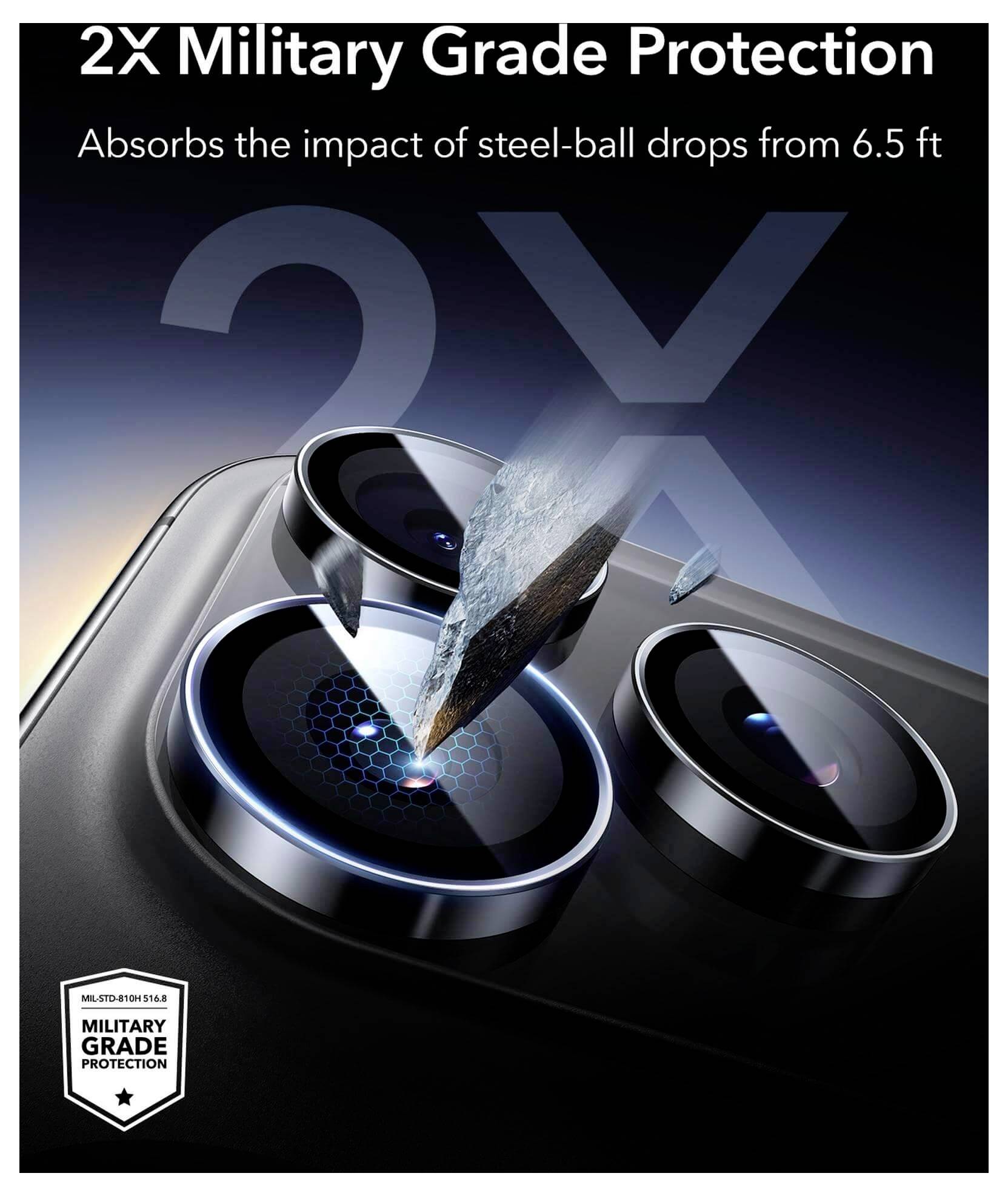 Ochrona na poziomie wojskowym 2X, prezentująca odporność modułu kamery telefonu na uderzenie stalowej kuli, podkreślająca wytrzymałość.