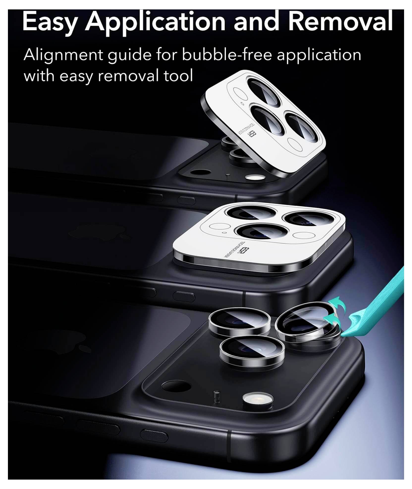 'Łatwa aplikacja i usunięcie' pokazuje nakładki na obiektywy aparatu w telefonie wyrównane z obiektywami. Narzędzie pomaga w aplikacji i usuwaniu bez pęcherzyków powietrza.