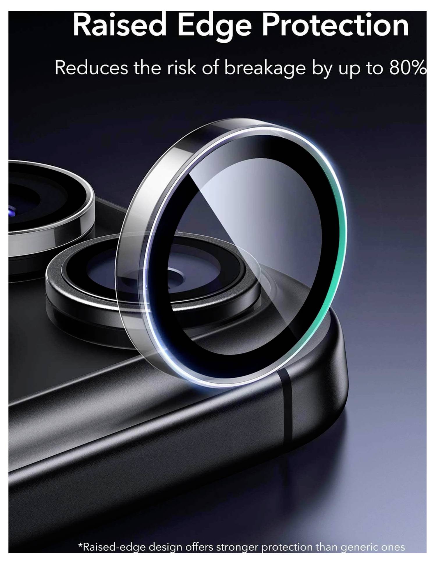 Ochrona z Podwyższoną Krawędzią nad zbliżeniem narożnika smartfona, podkreślającym wzmocniony pierścień aparatu. Zmniejsza ryzyko uszkodzenia o 80%.